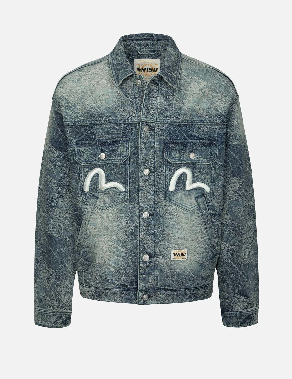 Allover Pocket Print and Seagull Embroidery Loose Fit Denim Jacket DurableBlend LaserCut Edges