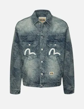 Allover Pocket Print and Seagull Embroidery Loose Fit Denim Jacket Reflective Accent Trim