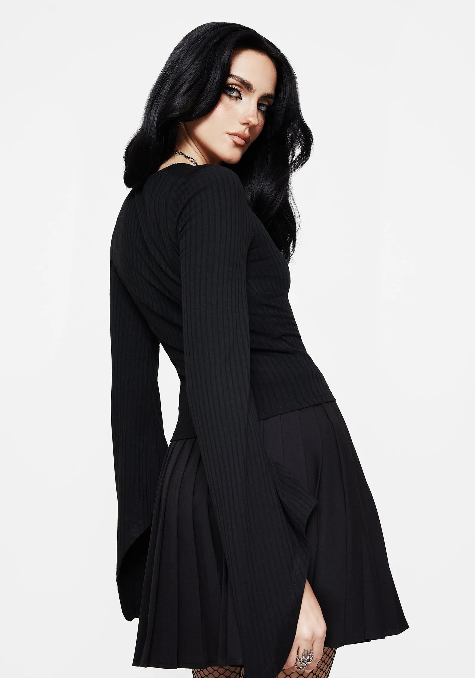 Adjustable Hemline NonChafingEdges Amata Square Neck Flared Long Sleeve Top