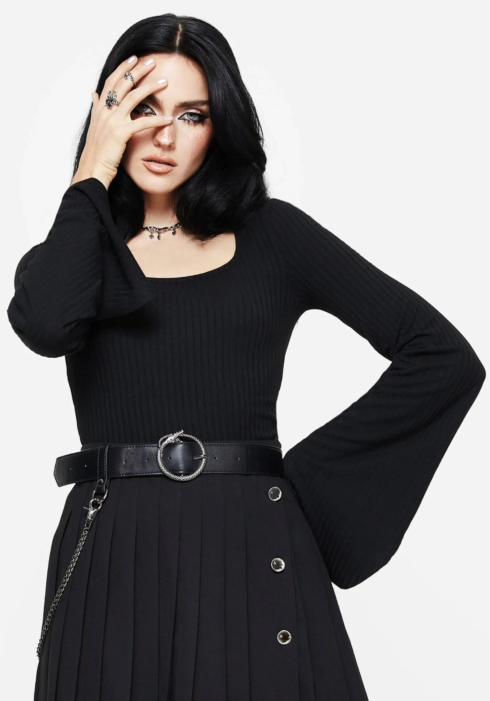 Adjustable Hem Toggles Amata Square Neck Flared Long Sleeve Top