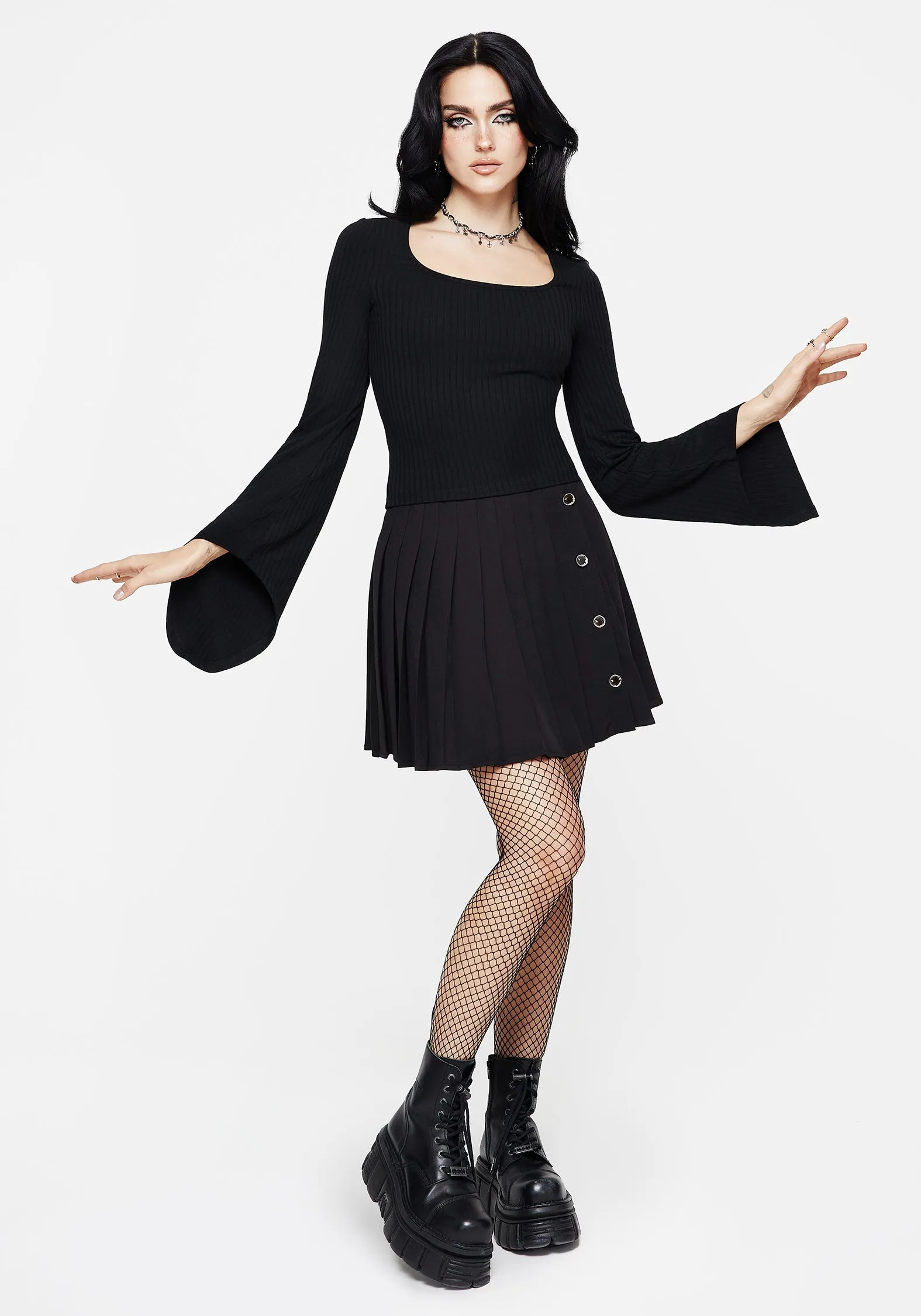 Amata Square Neck Flared Long Sleeve Top LowImpact Dye Process Easy Care Material