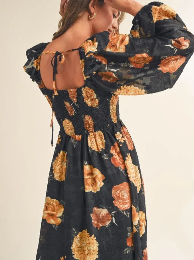 Angela Black Floral Dress Dark Tones