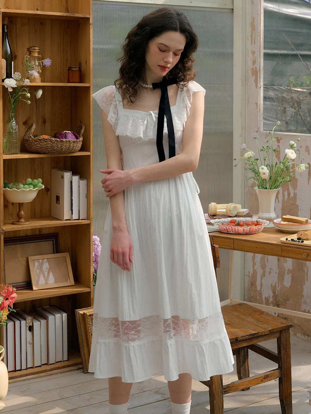 Aniyah Bow Square Neck Ruffle Sleeve Lace Hollow Hem Dress Layering Comfort