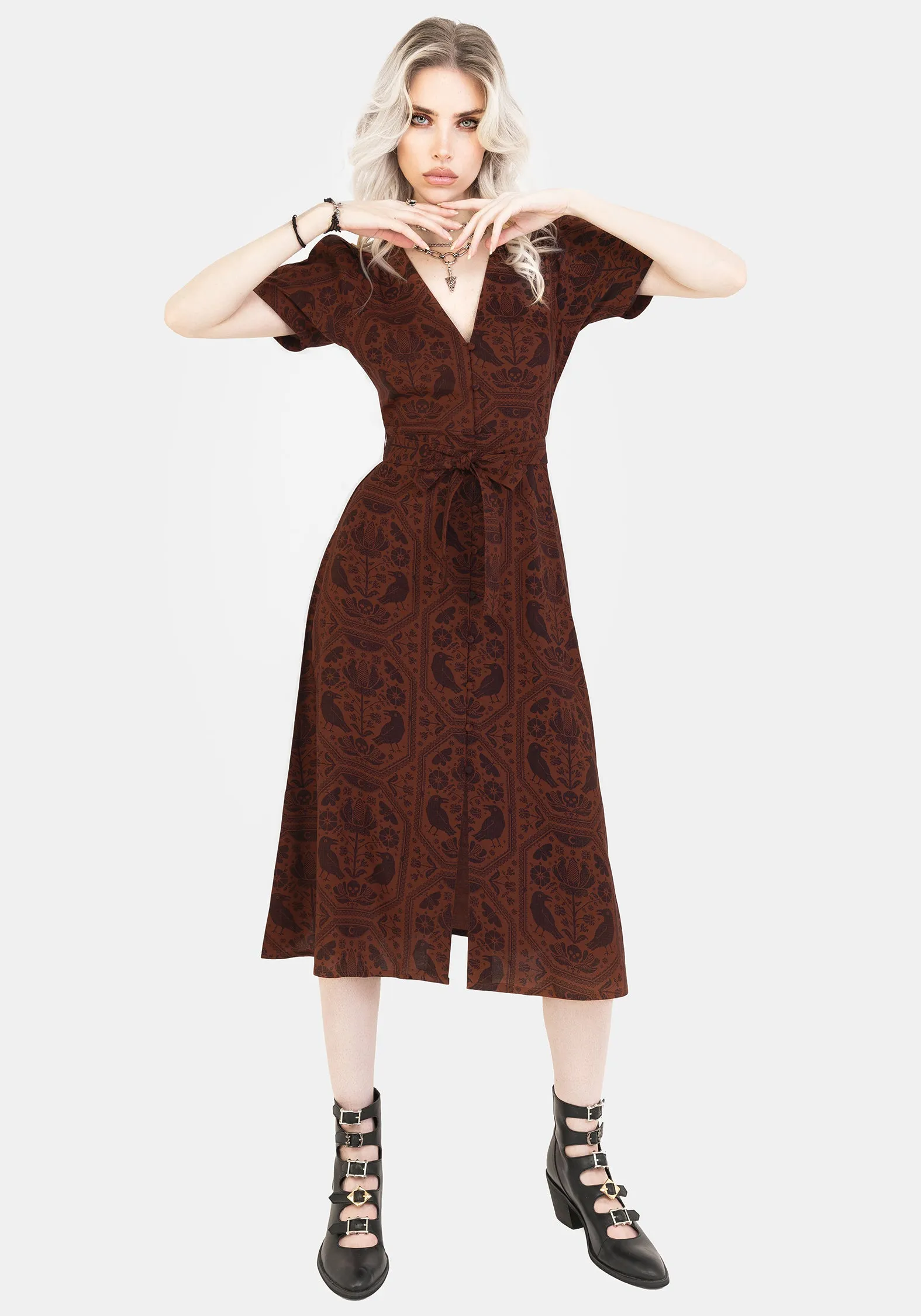 Golden Scene Date Nightwear Annabel Raven Print Button Up Midi Dress - Rust