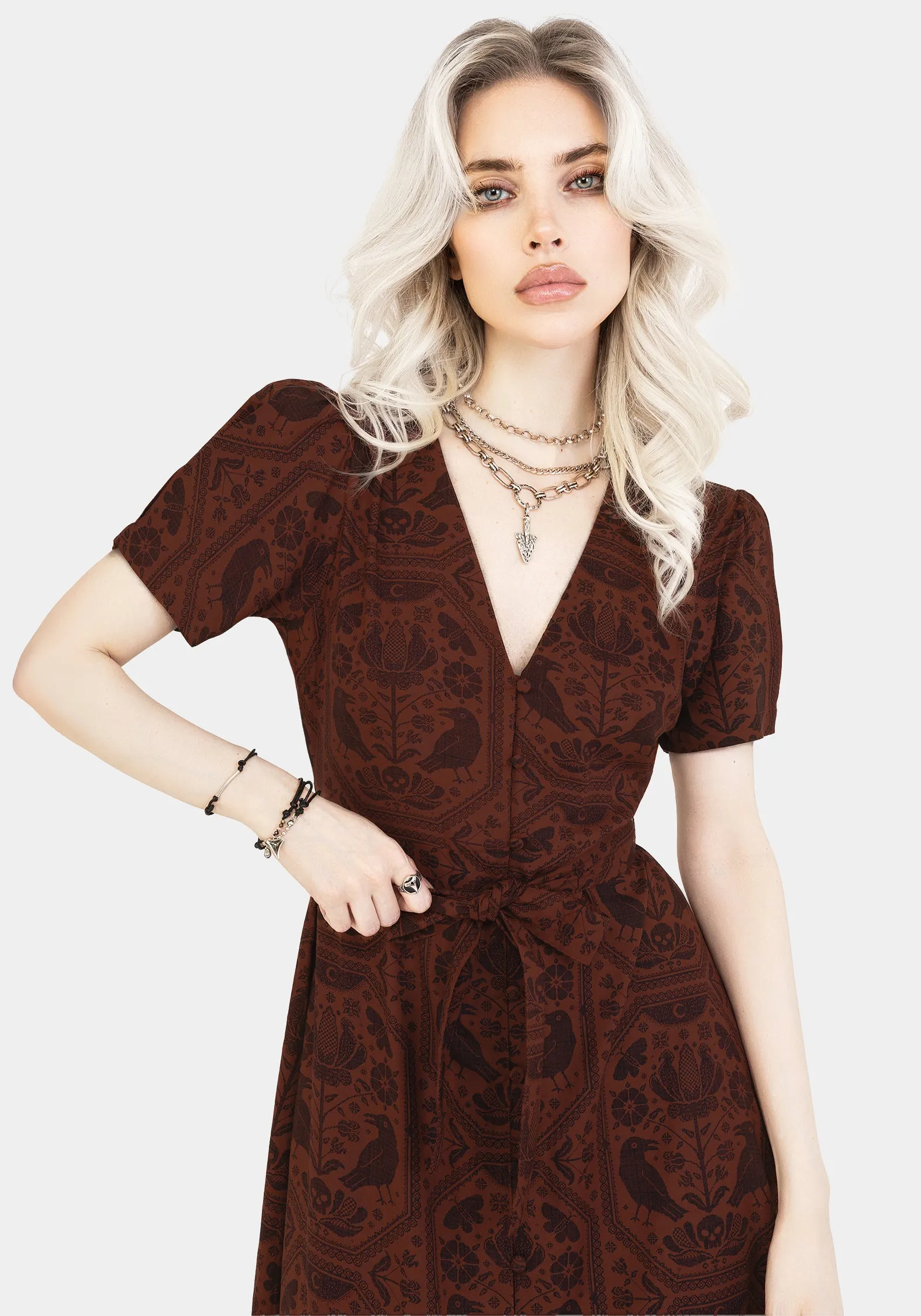 Annabel Raven Print Button Up Midi Dress - Rust Modern Finish