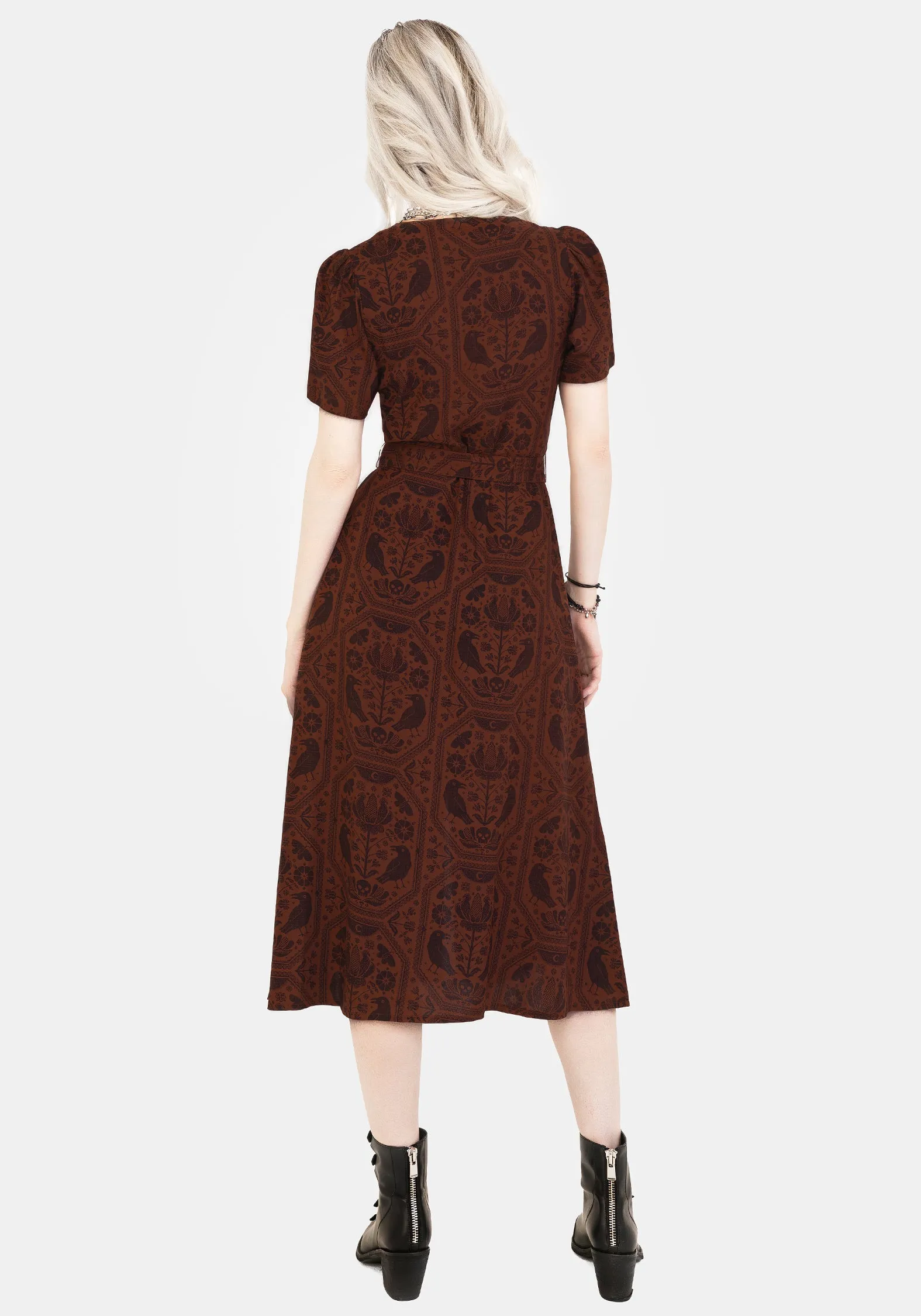 MoldResistantTexture Annabel Raven Print Button Up Midi Dress - Rust