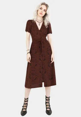 Chorus Night Island Mood Annabel Raven Print Button Up Midi Dress - Rust