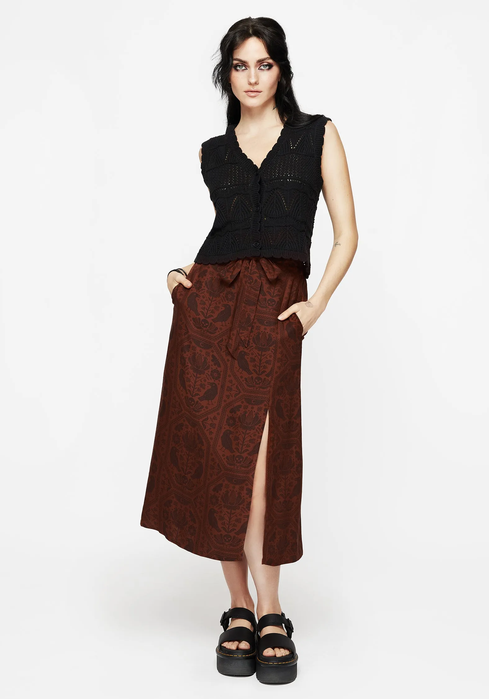 Decorative stitching Annabel Raven Print Split Front Midi Skirt - Rust