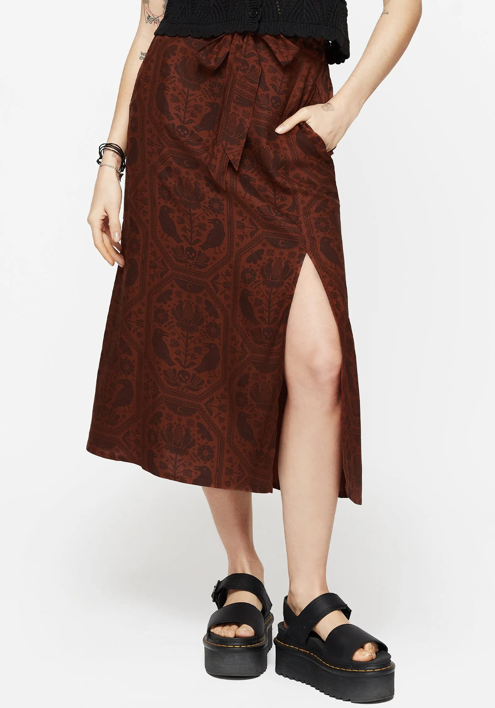 Annabel Raven Print Split Front Midi Skirt - Rust Leg Elongating Stylist Pick