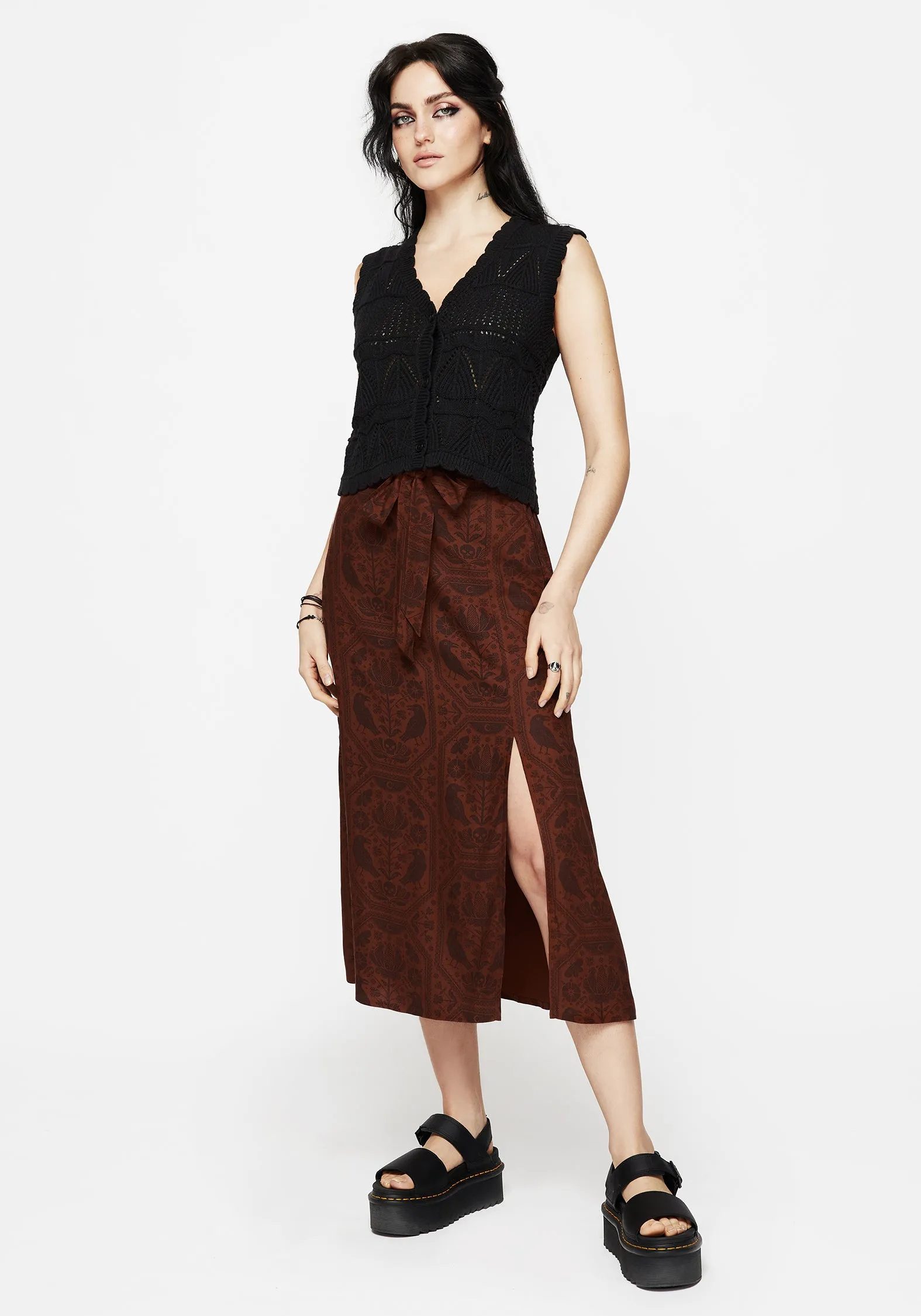 Style Layering Annabel Raven Print Split Front Midi Skirt - Rust