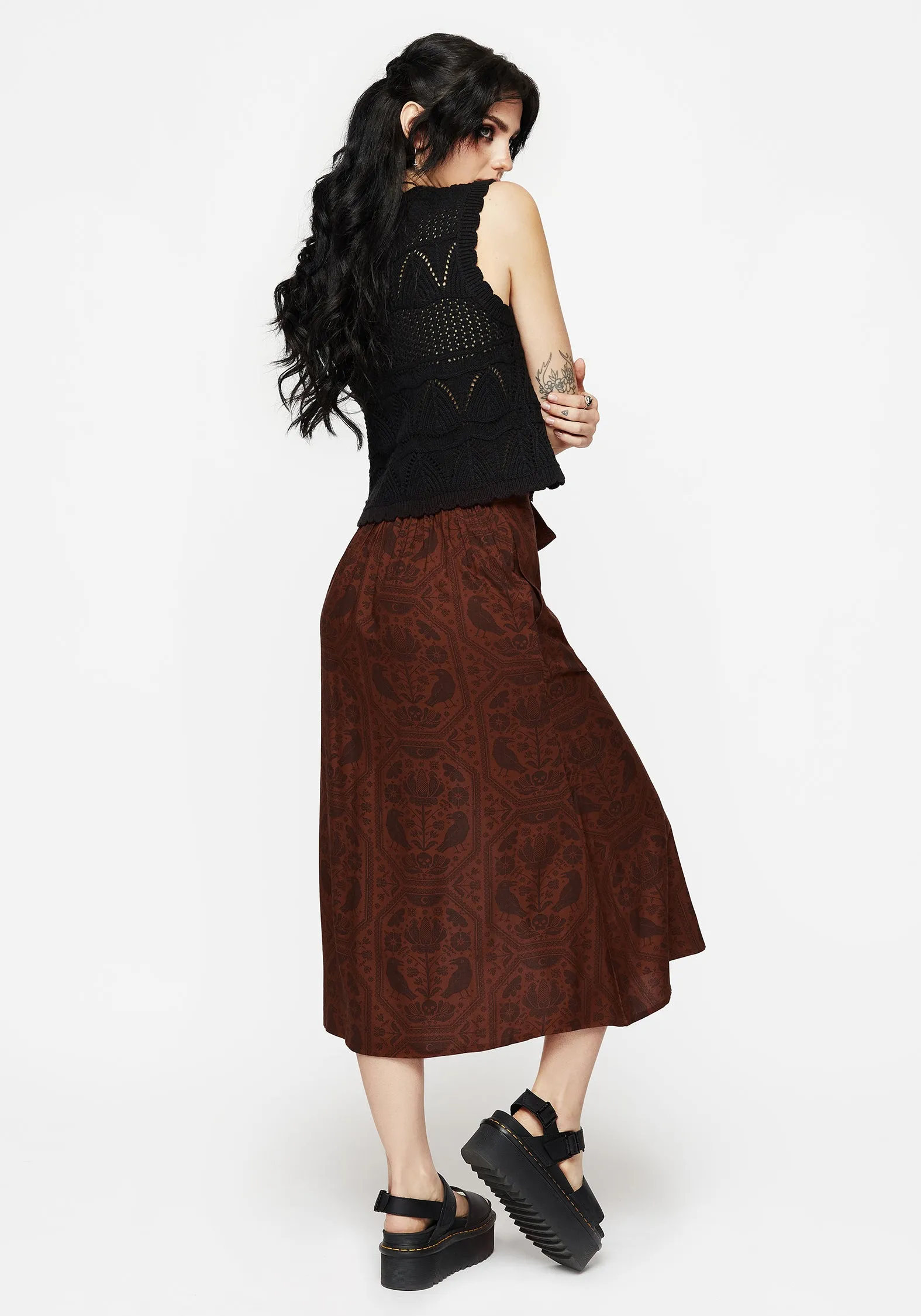 Resort Vacation Versatile Wear Annabel Raven Print Split Front Midi Skirt - Rust