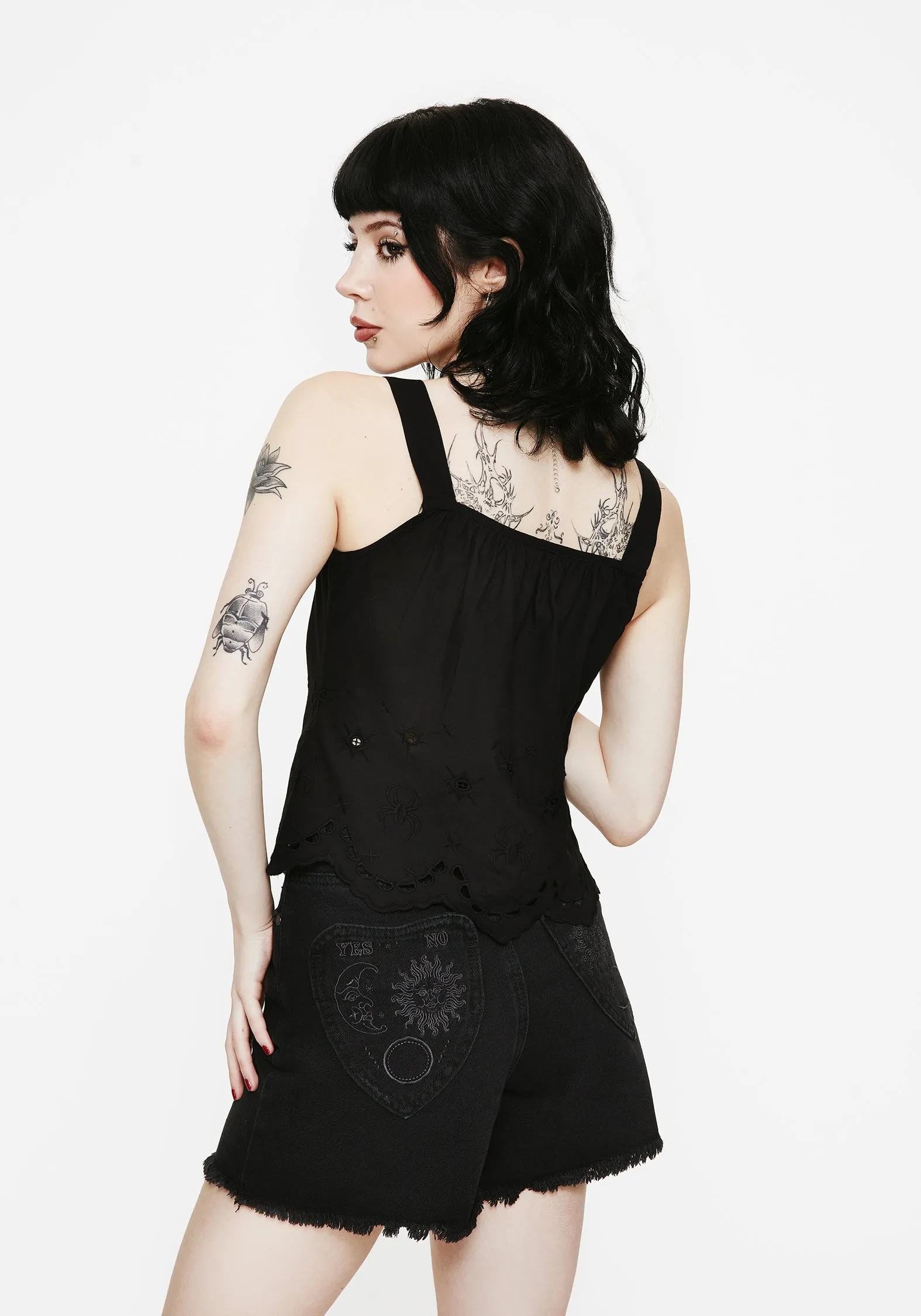 Minimalist Styling Mesh Panel Details Synthweb Cotton Broderie Hem Cami Top