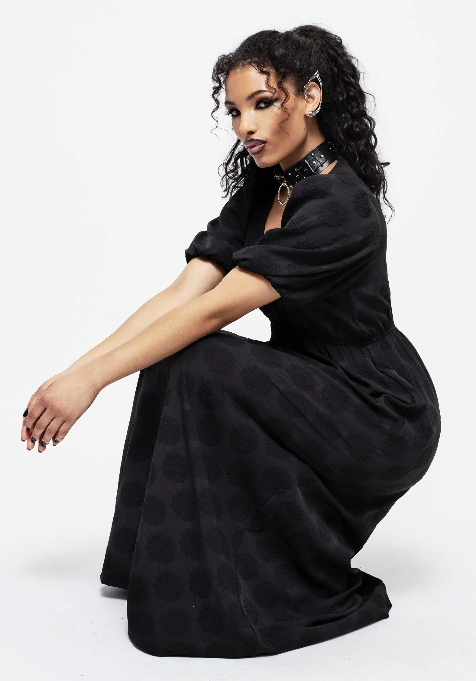 Arachnida Bouffant Sleeve Maxi Dress All-Occasion Look Cotton-Blend