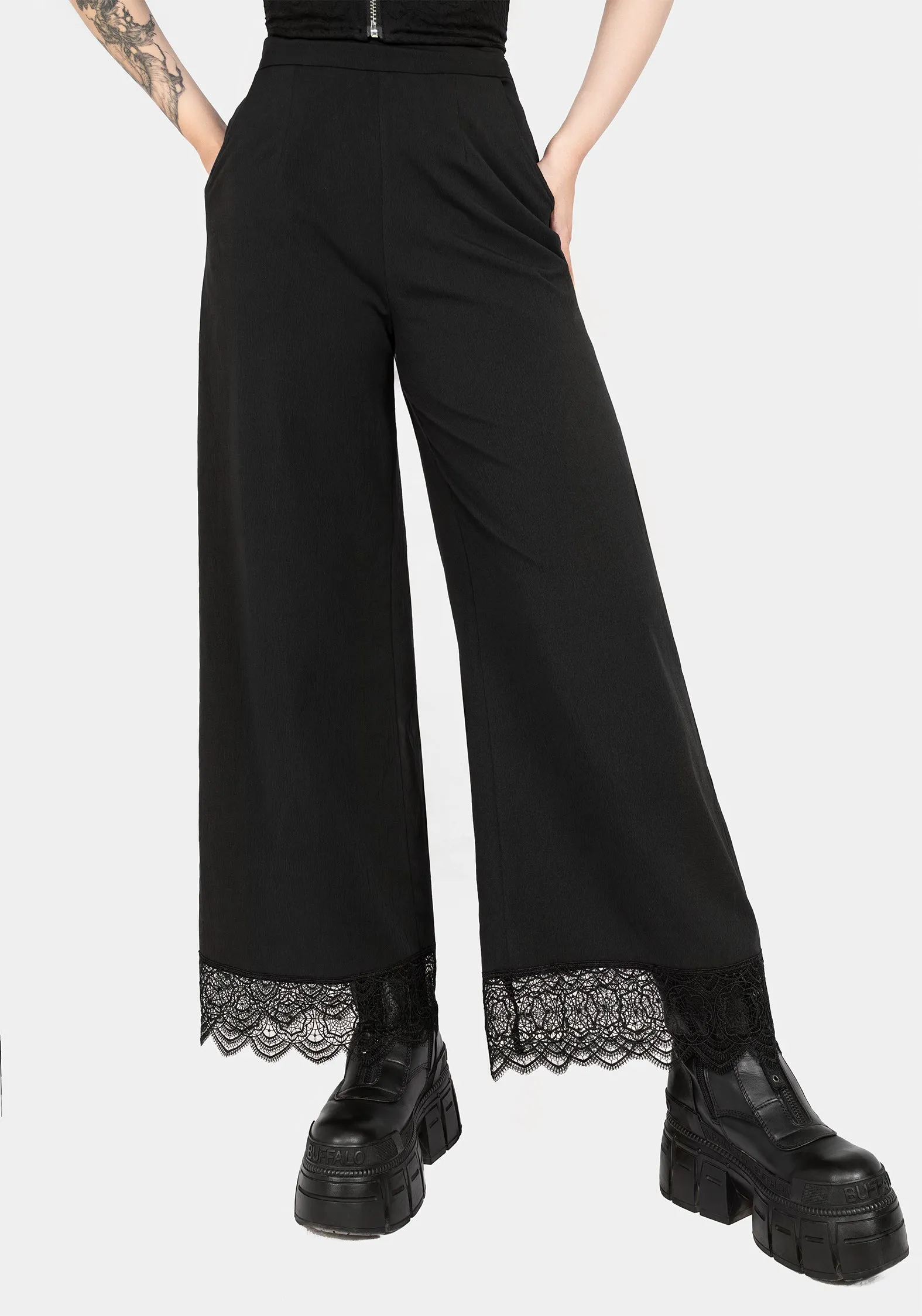Cozy Vibe Light Mood Araneo Lace Hem Wide Leg Trousers