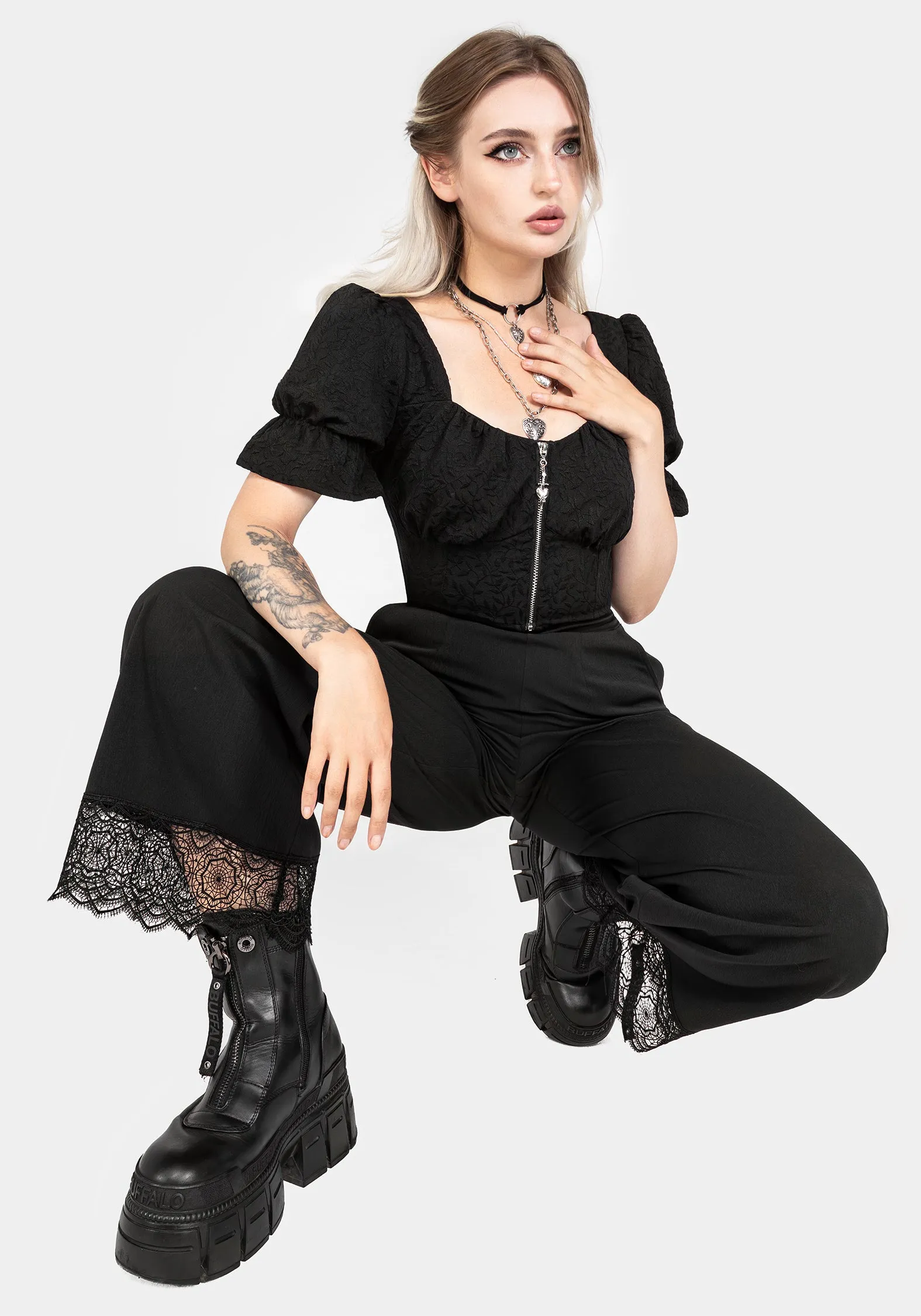 Araneo Lace Hem Wide Leg Trousers Hidden pockets