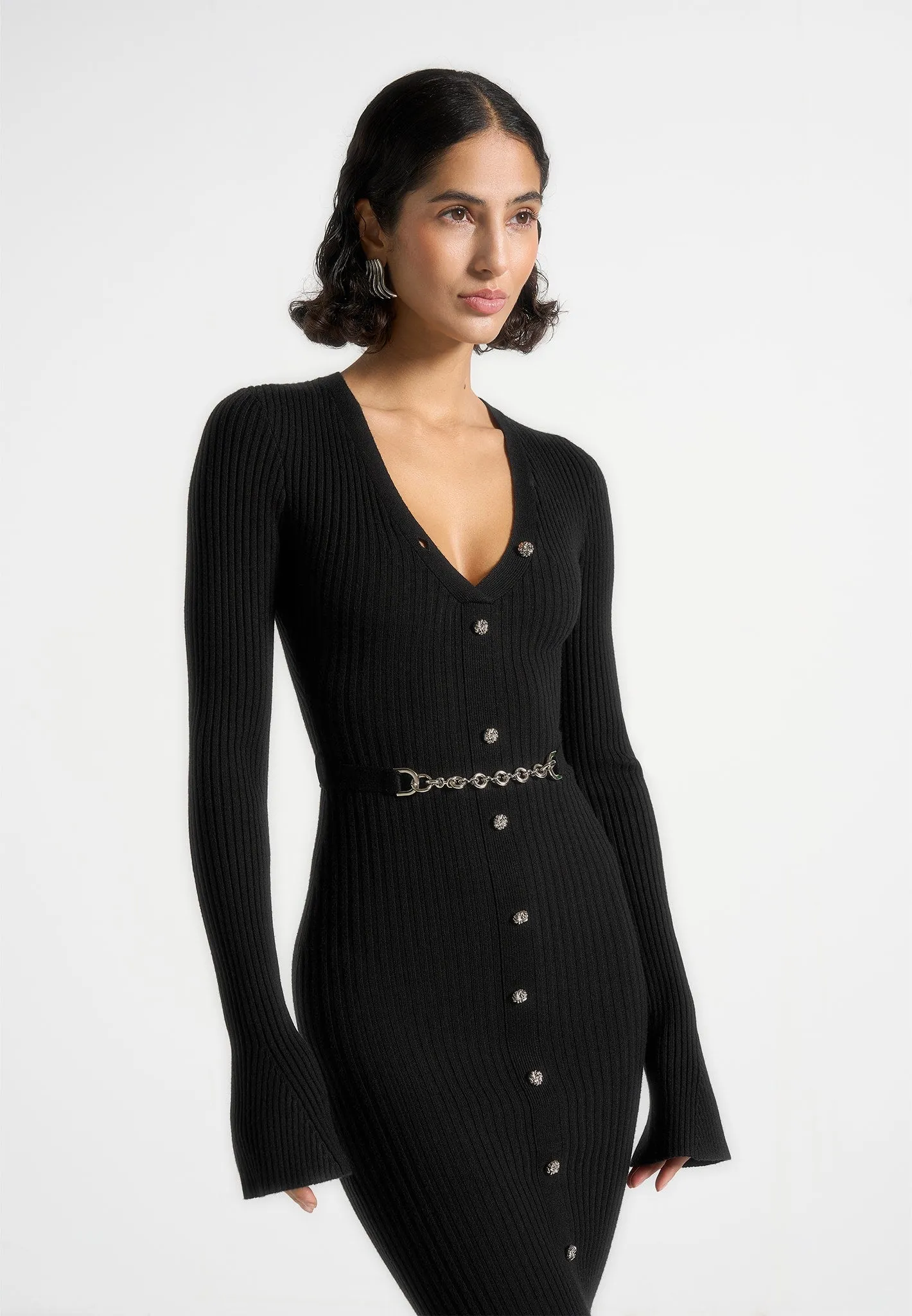 Assia - Long Sleeve Knitted Midaxi Dress With Belt - Black Minimal Cut
