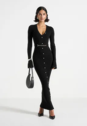 Assia - Long Sleeve Knitted Midaxi Dress With Belt - Black Trendy Wear