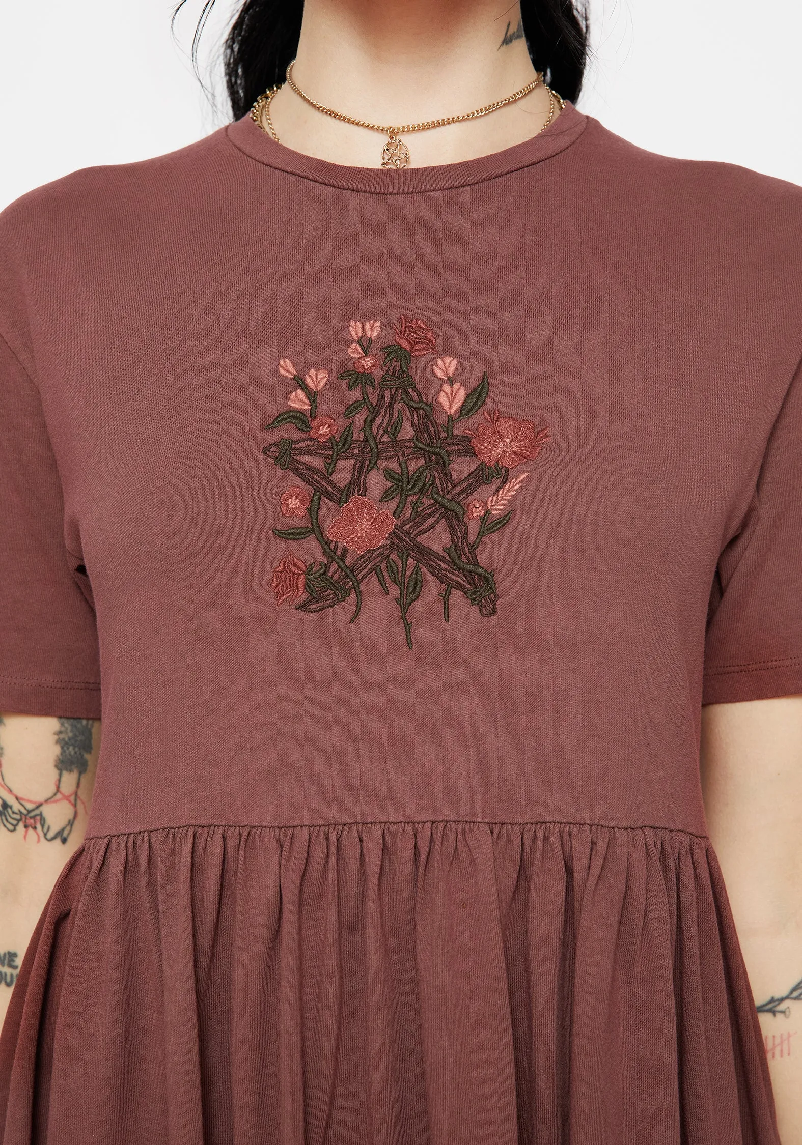 Aster Cotton Pentagram Embroidered Mini Skater Dress Pearl-Detail