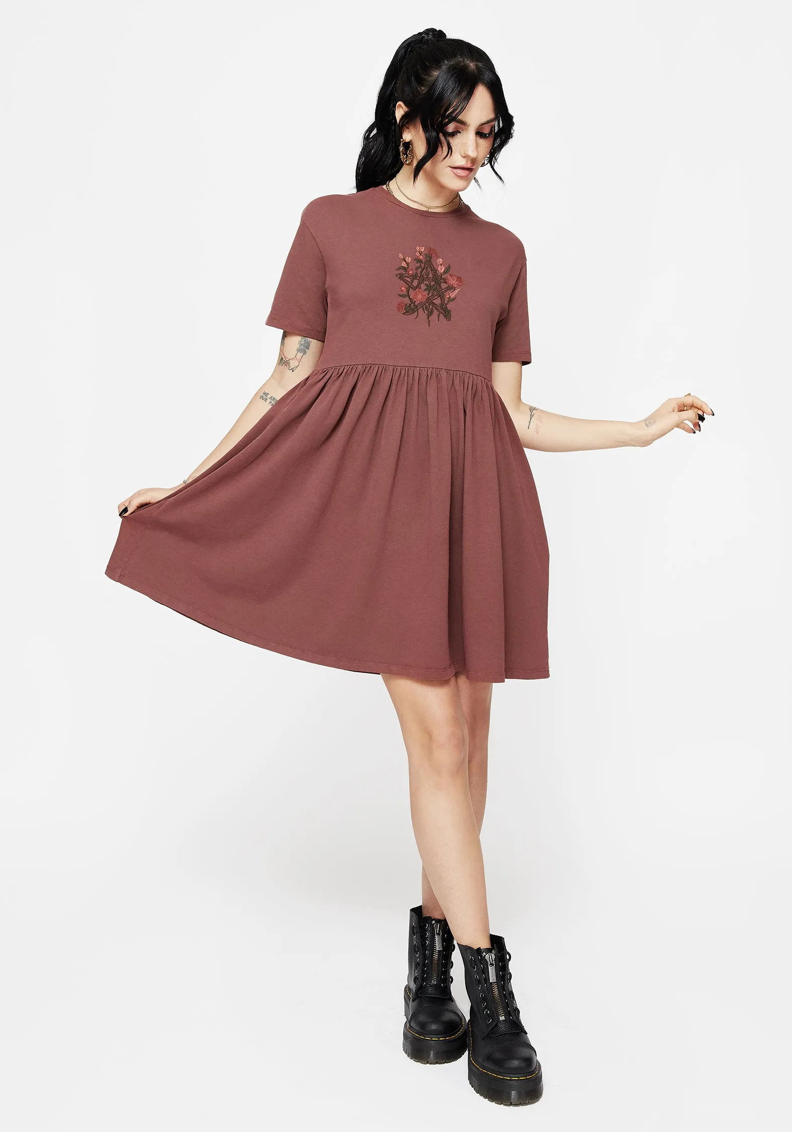 Layered Neckline Aster Cotton Pentagram Embroidered Mini Skater Dress