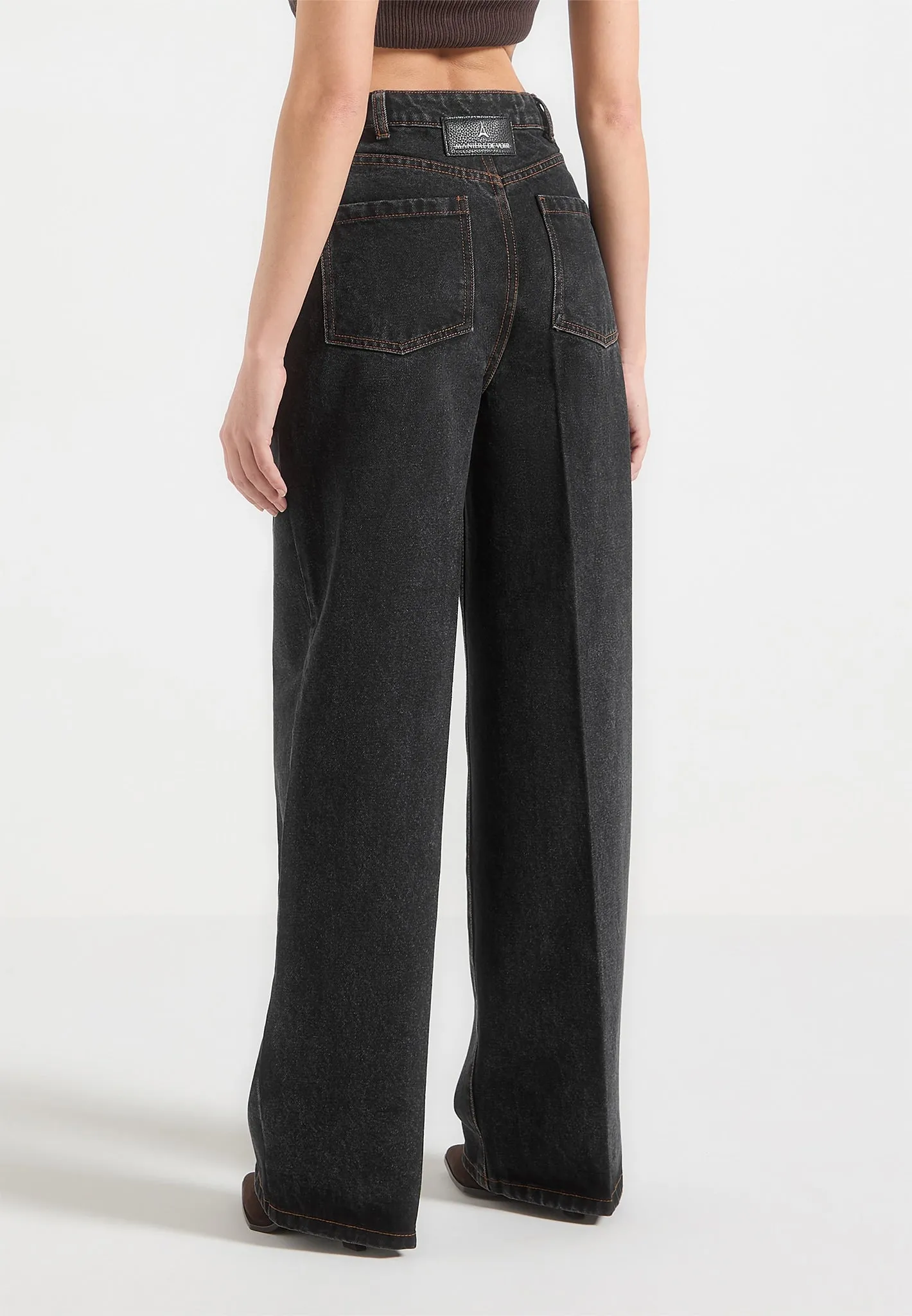 Astrid - Wrapover Wide Leg Jeans - Black Water Efficient Wash Process