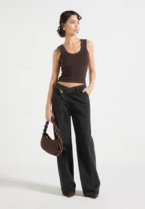 Work Meeting Relaxed Style Astrid - Wrapover Wide Leg Jeans - Black