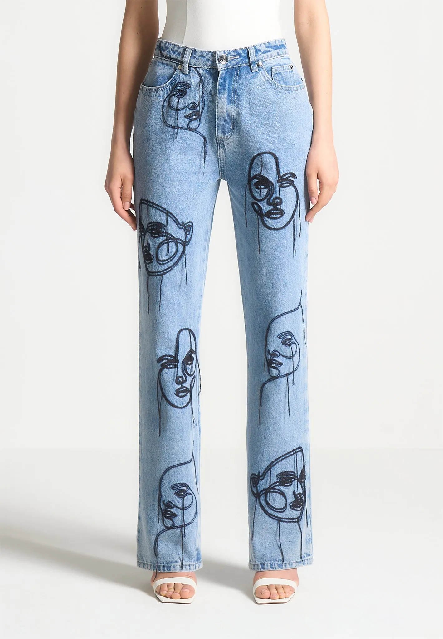 Audrey - Line Art Straight Leg Jeans - Mid Blue Active Outfit