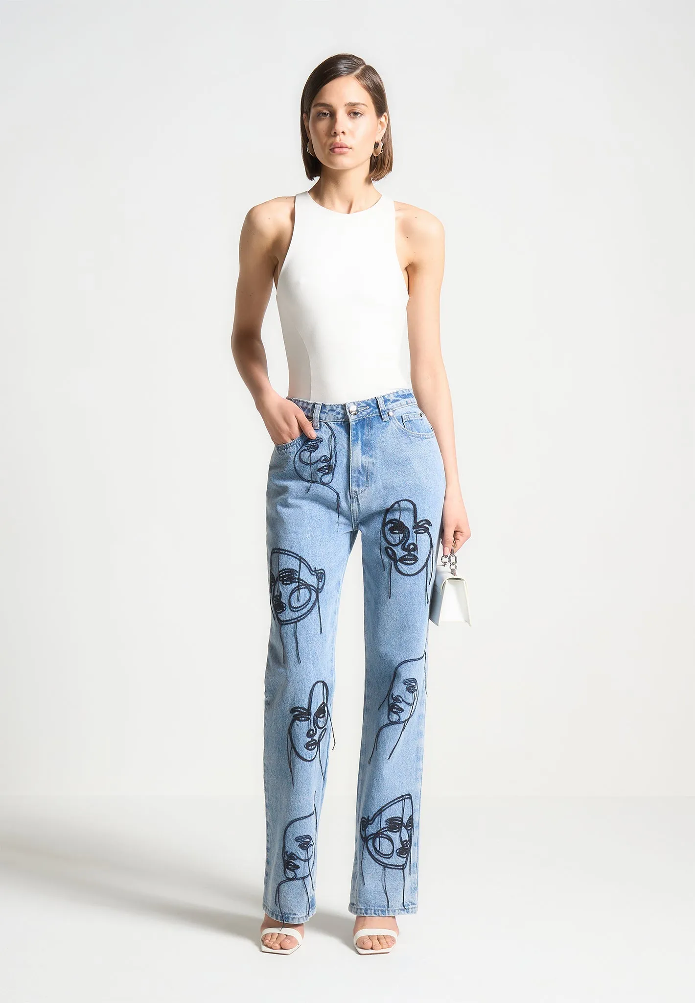 Audrey - Line Art Straight Leg Jeans - Mid Blue Premium Elegant