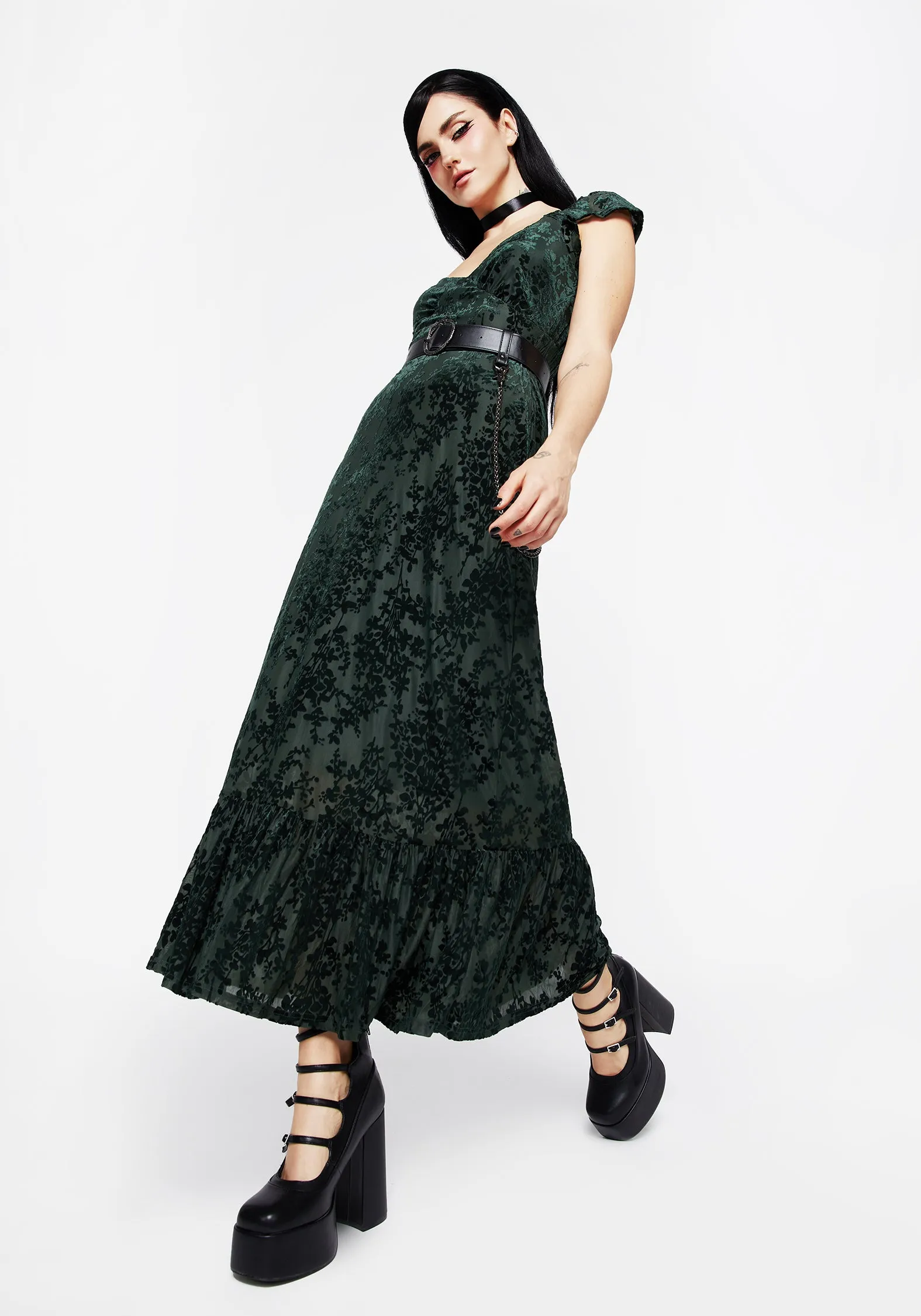 Avalon Floral Flocked Velour Frill Sleeve Midaxi Dress Polished Style