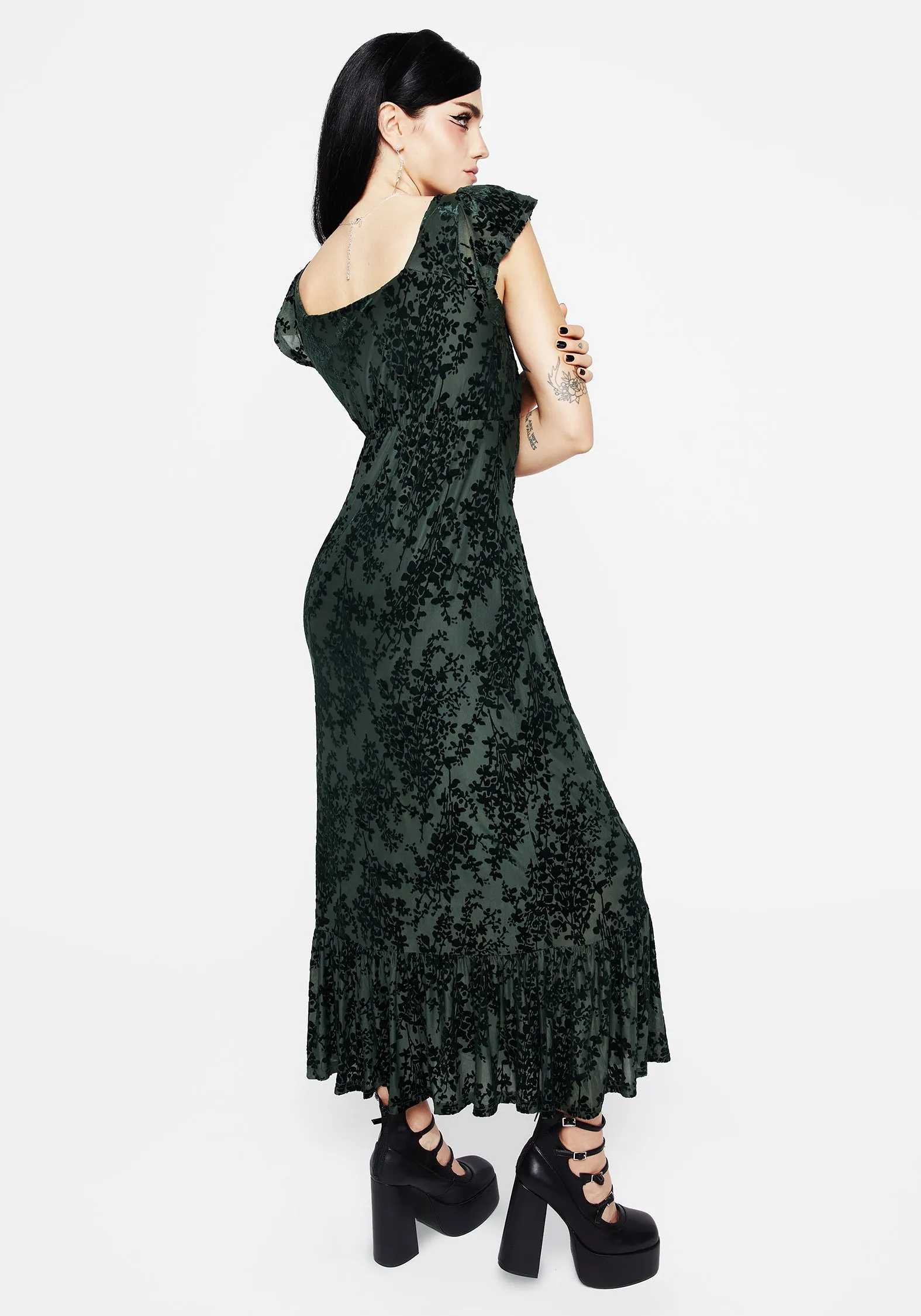 New Mood Comfy and Elegant Avalon Floral Flocked Velour Frill Sleeve Midaxi Dress