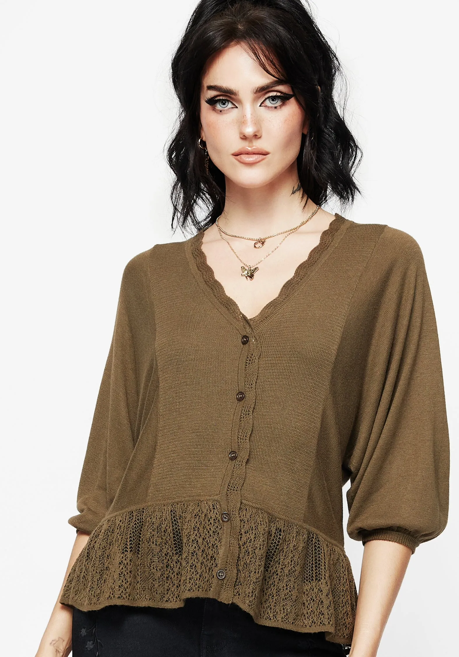 AbrasionResistant Fabric DurableReinforcement Avalon Puff Sleeve Button Up Knit Blouse
