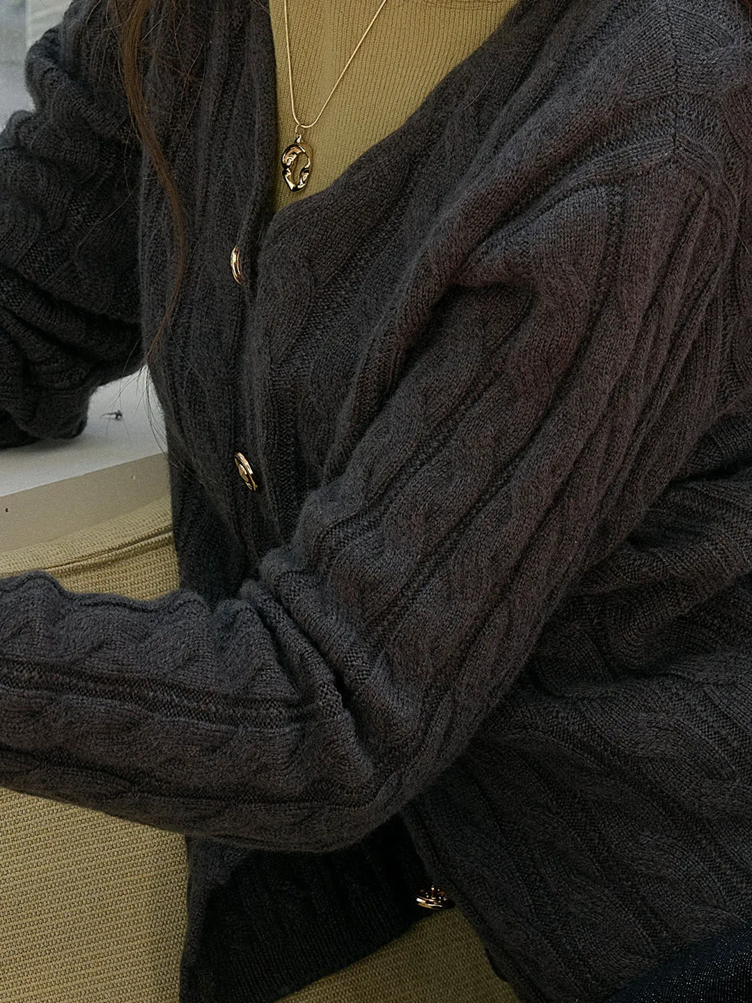 Aviana Versatile V-Neck 100% Wool Retro Cable-Knit Texture Sweater Cardigan