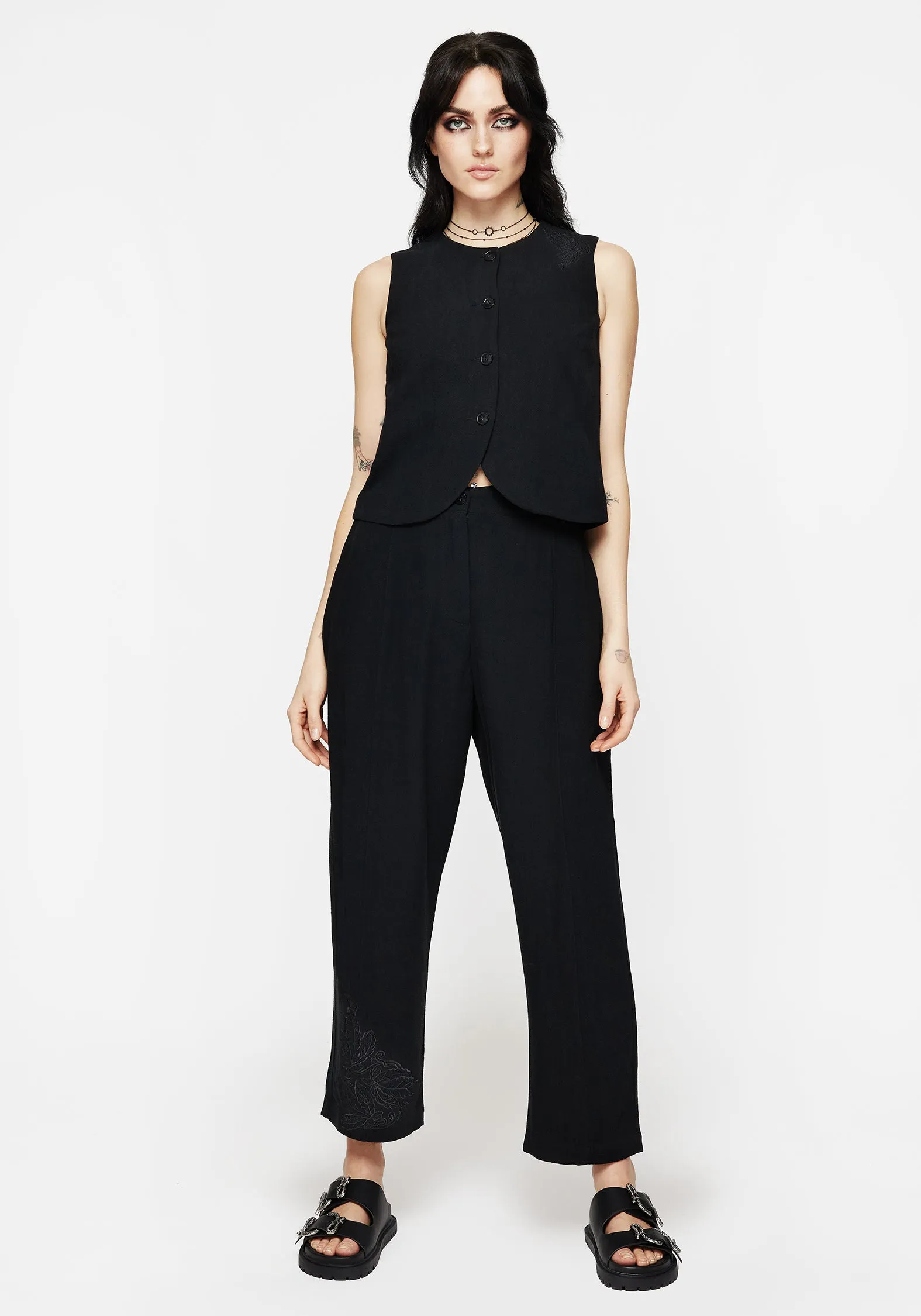 Aya Embroidered Linen Blend Balloon Pants Smooth Edging