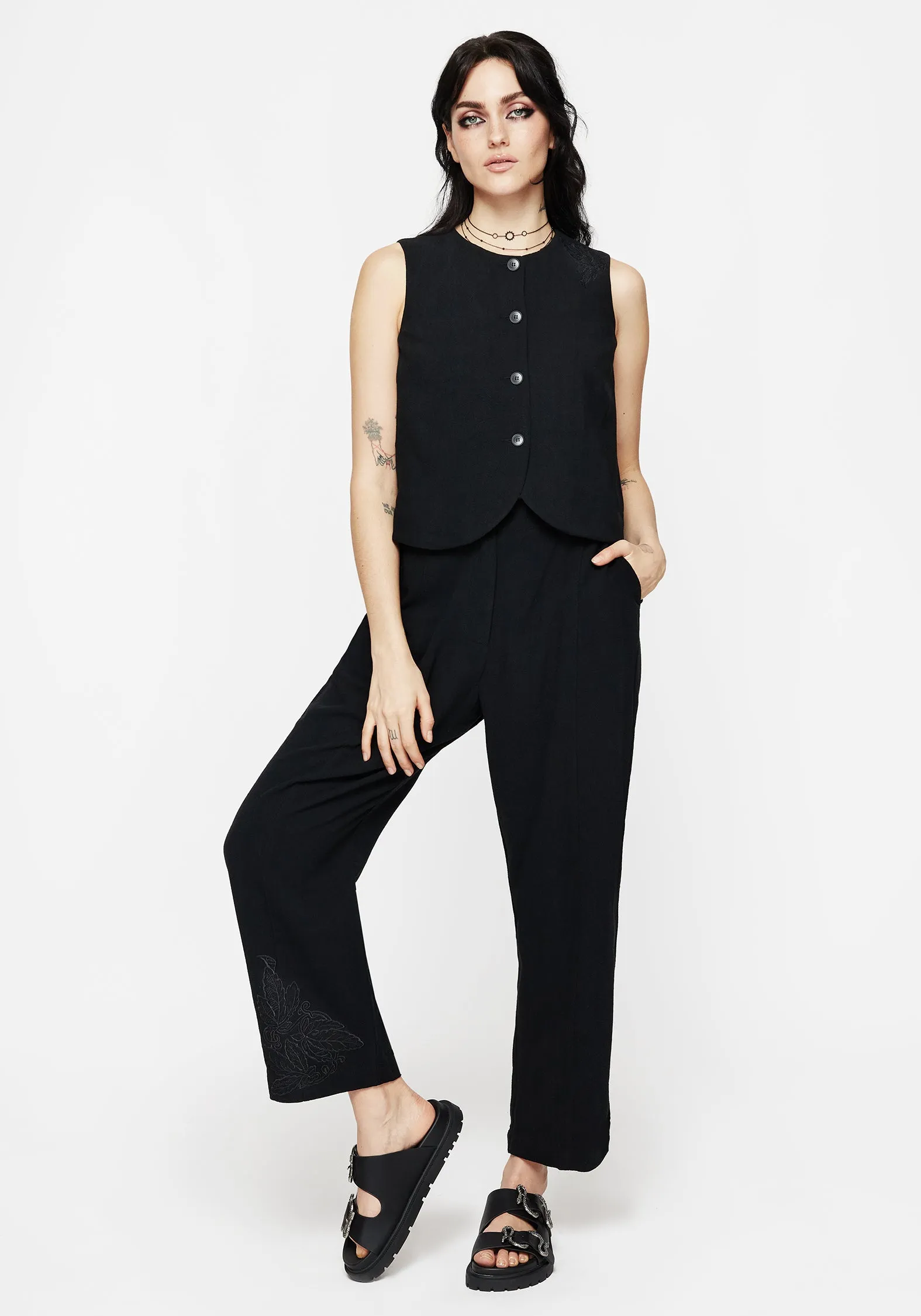 Aya Embroidered Linen Blend Button Front Waistcoat Eco Conscious Packaging