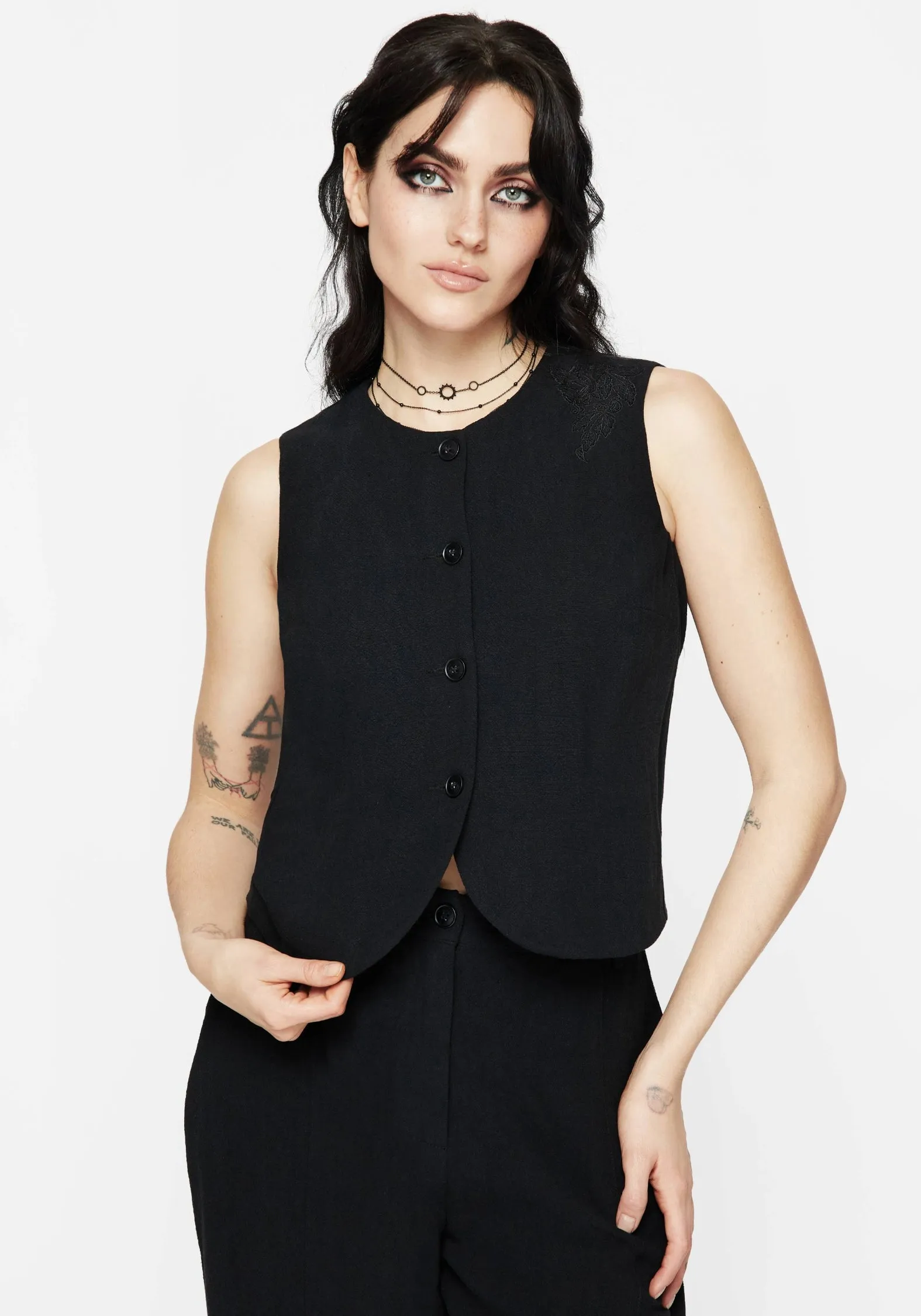 Aya Embroidered Linen Blend Button Front Waistcoat Reflective Trim Details Contoured Armhole Design