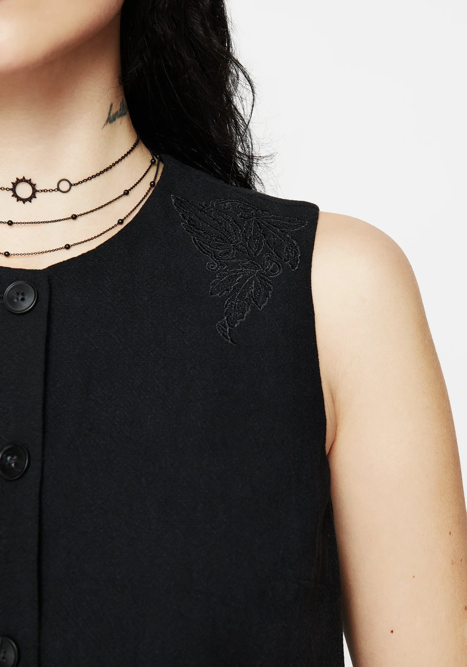 Friction Resistant Shoulder Aya Embroidered Linen Blend Button Front Waistcoat