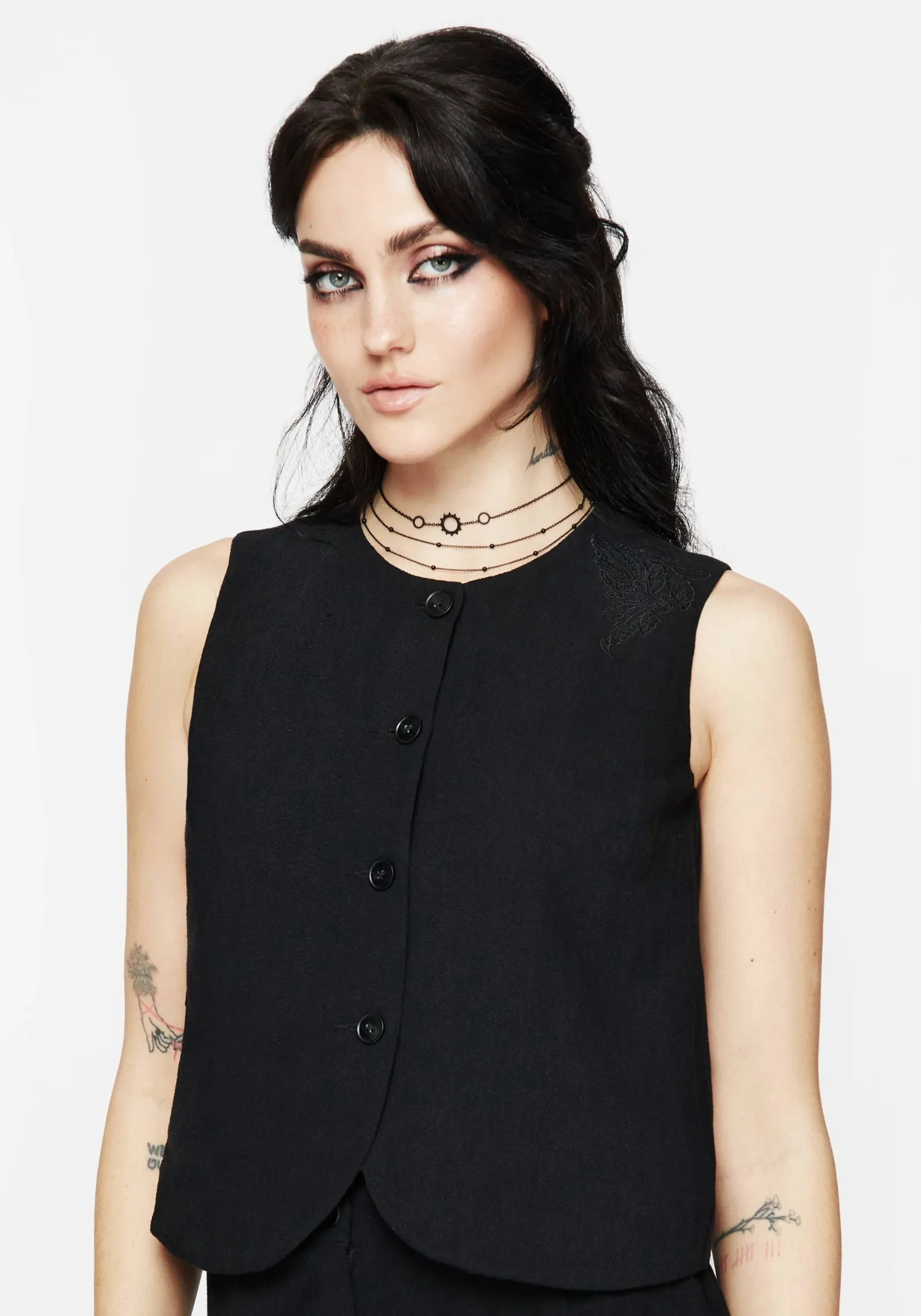 Aya Embroidered Linen Blend Button Front Waistcoat VentilatedArmholes