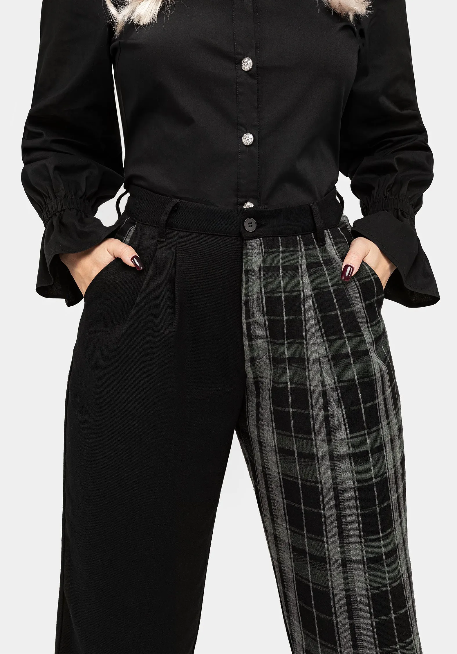 Neat Mood Smooth Finish Checkmate High Waist Tapered Trousers