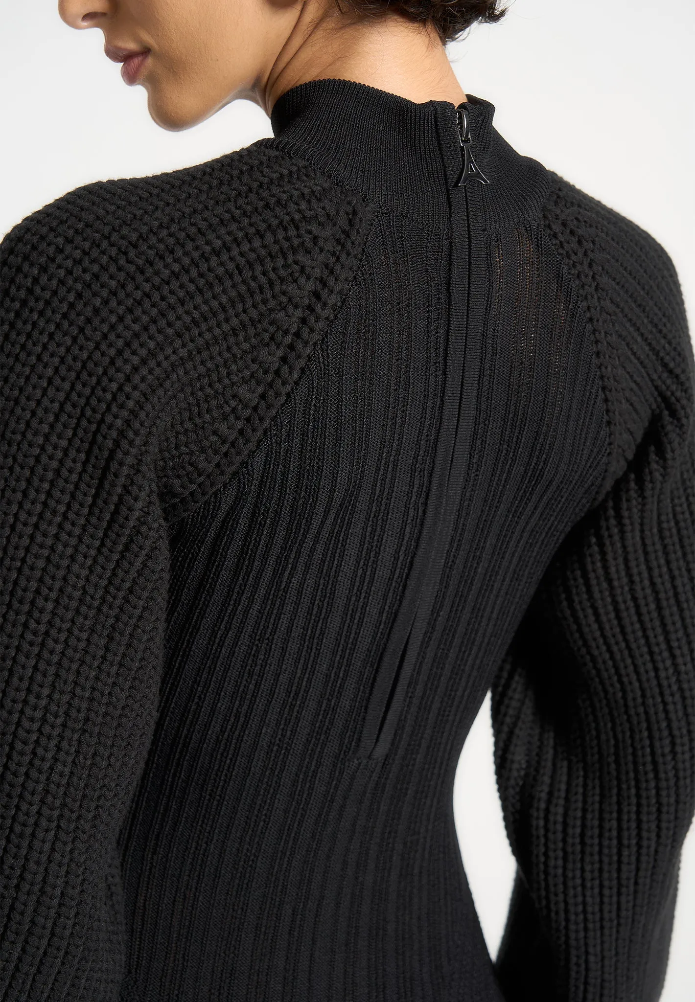 Shine Moment Balloon Sleeve Knitted Contour Maxi Dress - Black