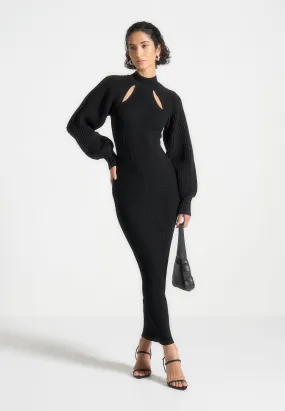 Balloon Sleeve Knitted Contour Maxi Dress - Black New Spirit