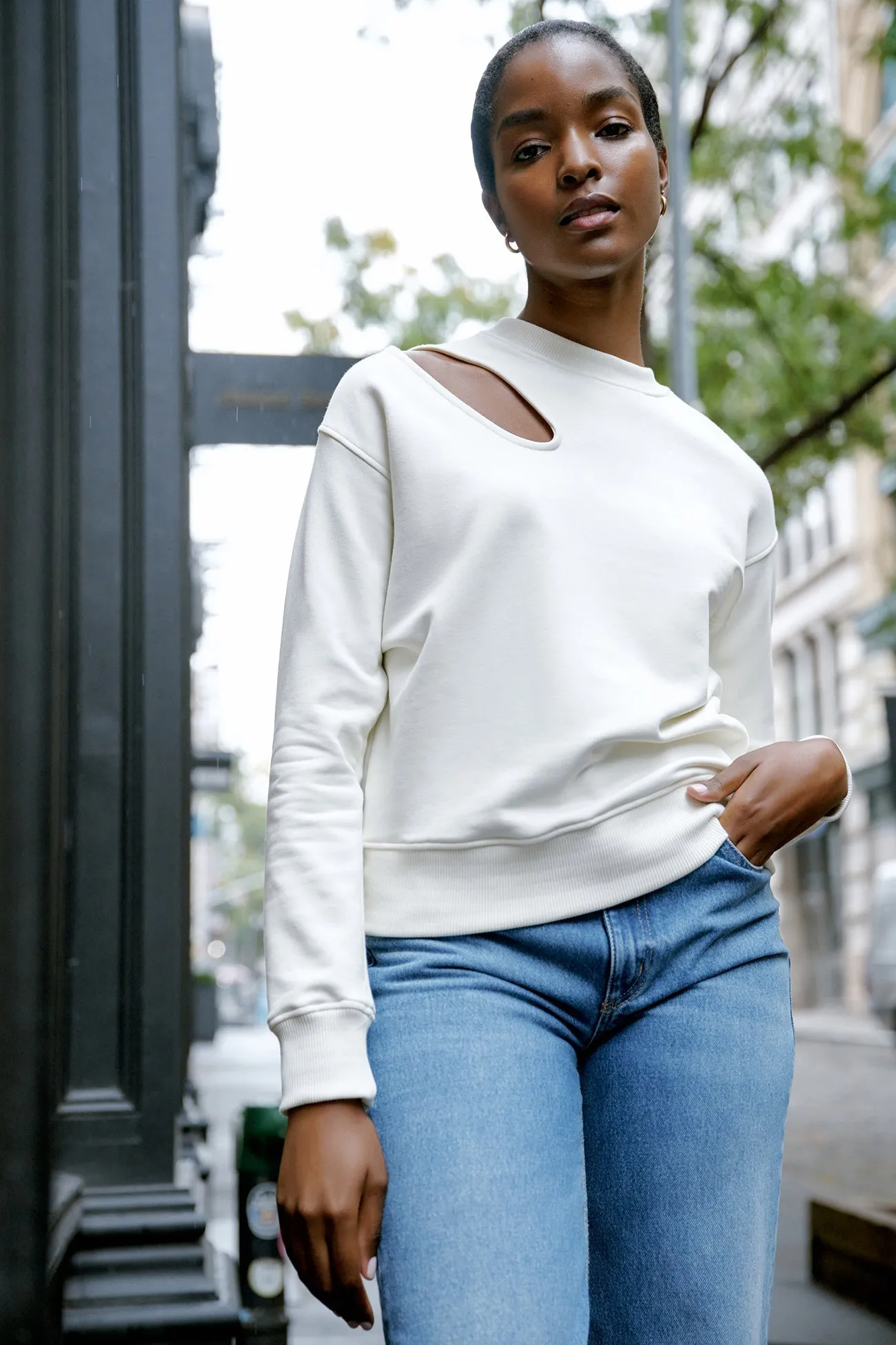 High Collar Option Comfortable Fabric Bartlett Cutout Sweatshirt