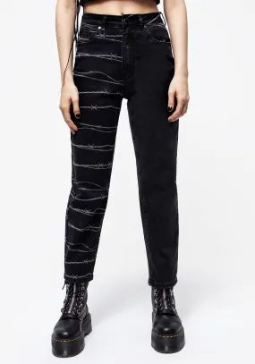 Barbed Wire Spliced Mom Jeans High Durability Thread Anywhere Fit