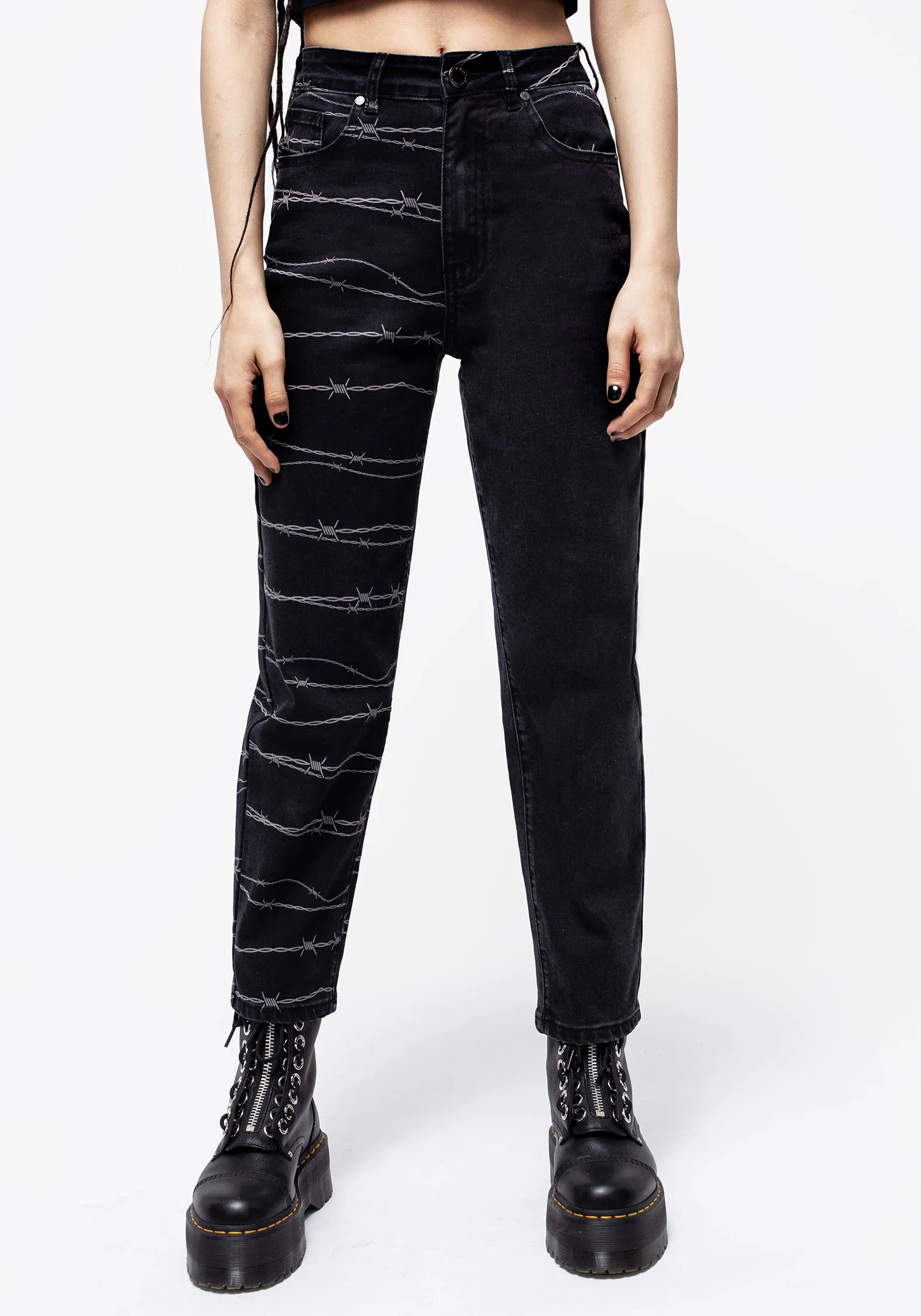 Barbed Wire Spliced Mom Jeans Relaxed Style Lightweight Durable Versatile Everyday Wear