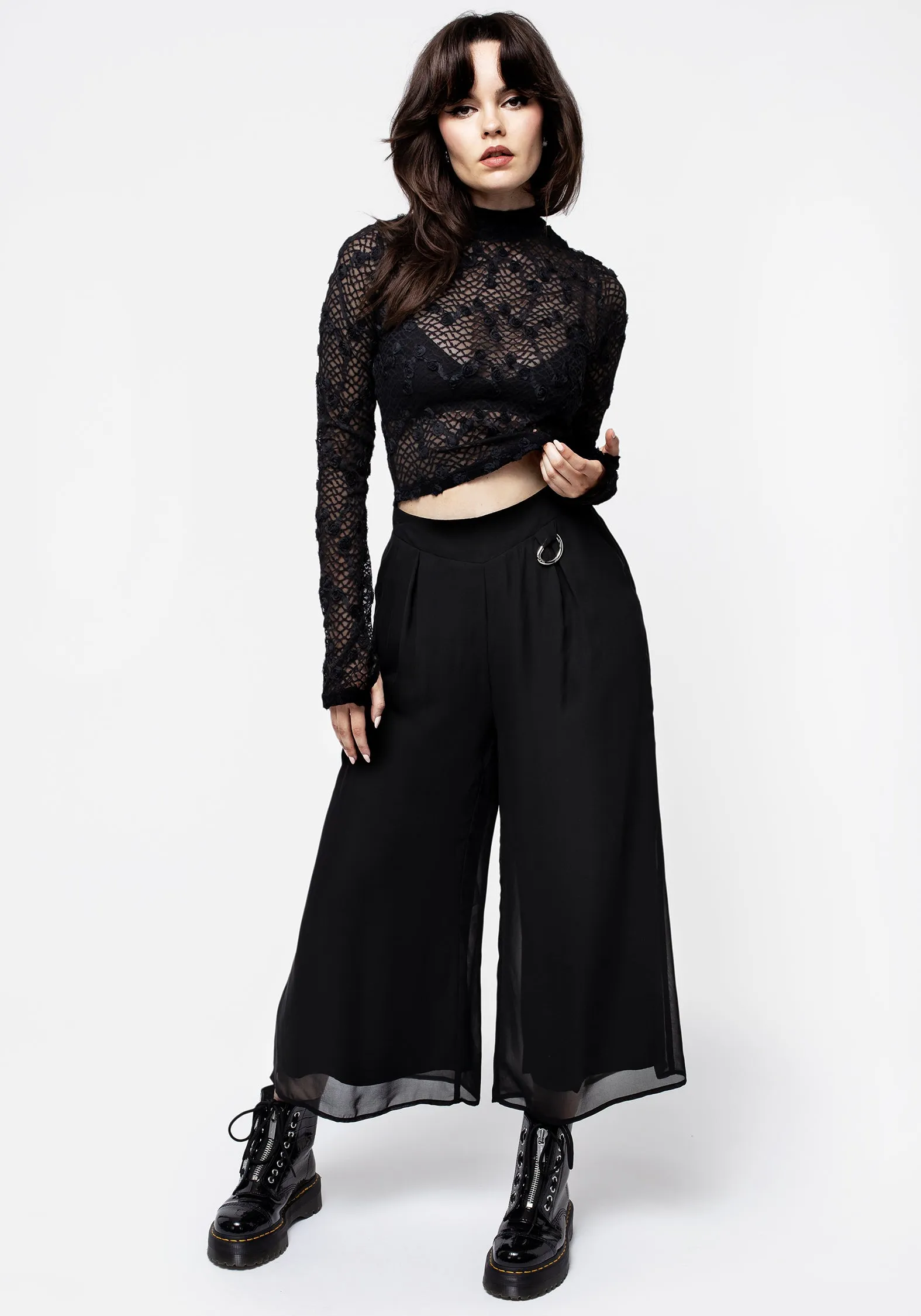 Baroque Long Sleeve Lace Crop Top Easycare Placket Detailing