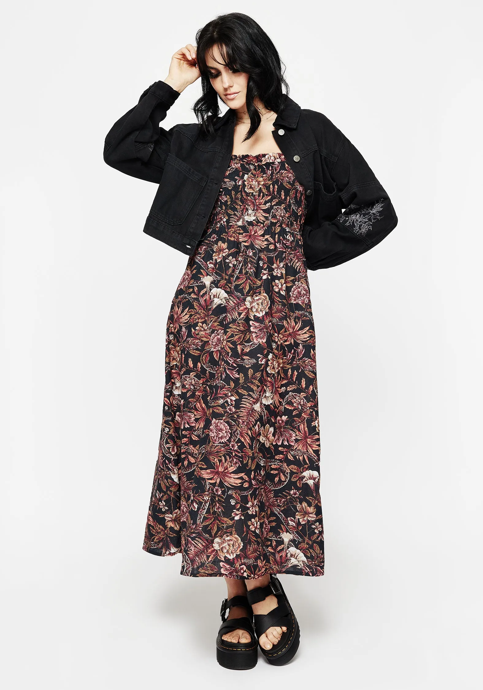 Layered-Sleeve Cool Undertone Bashe Cotton Floral Snake Print Midaxi Dress