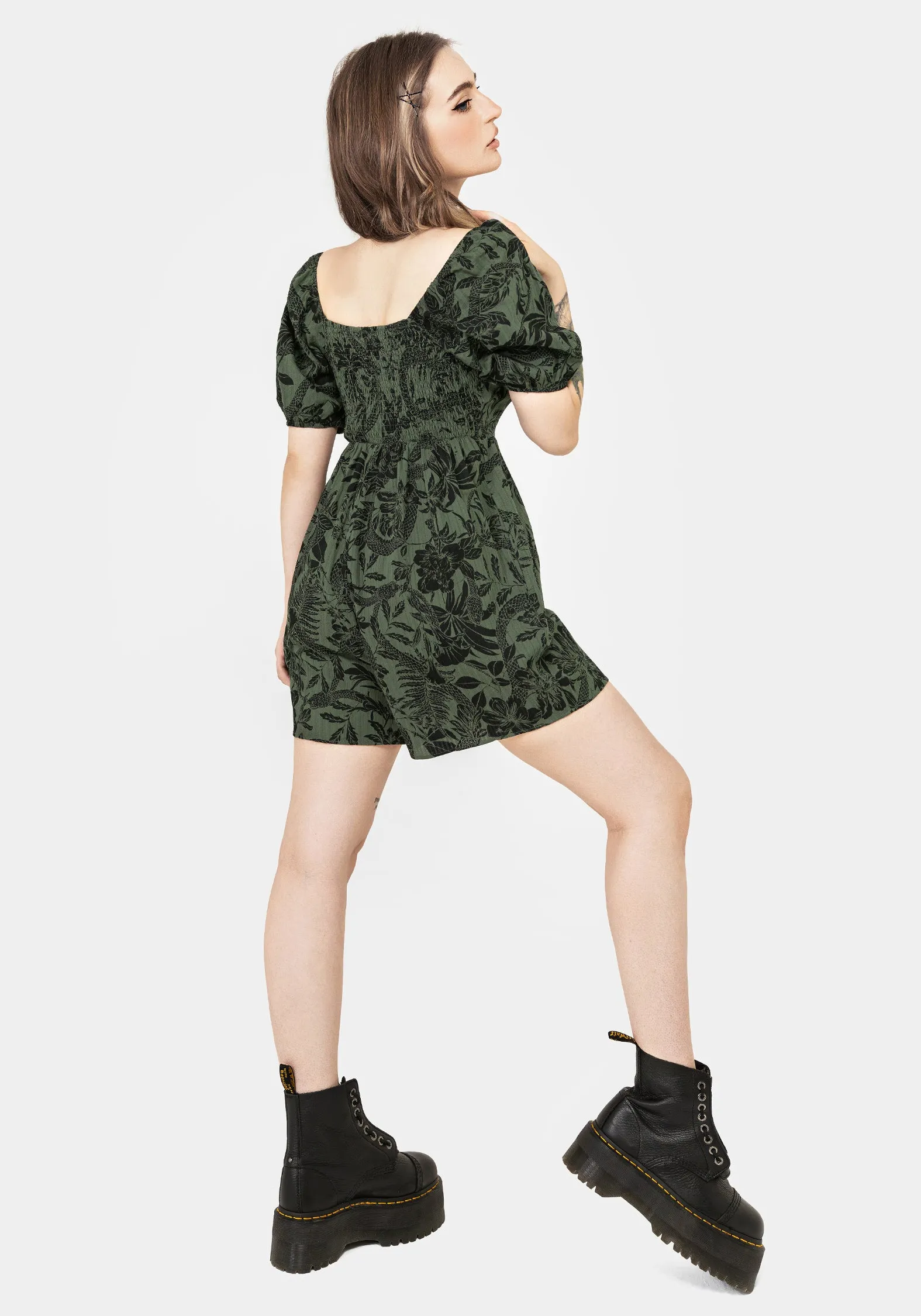 Cozy Tones high contrast Bashe Cotton Puff Sleeve Playsuit - Green