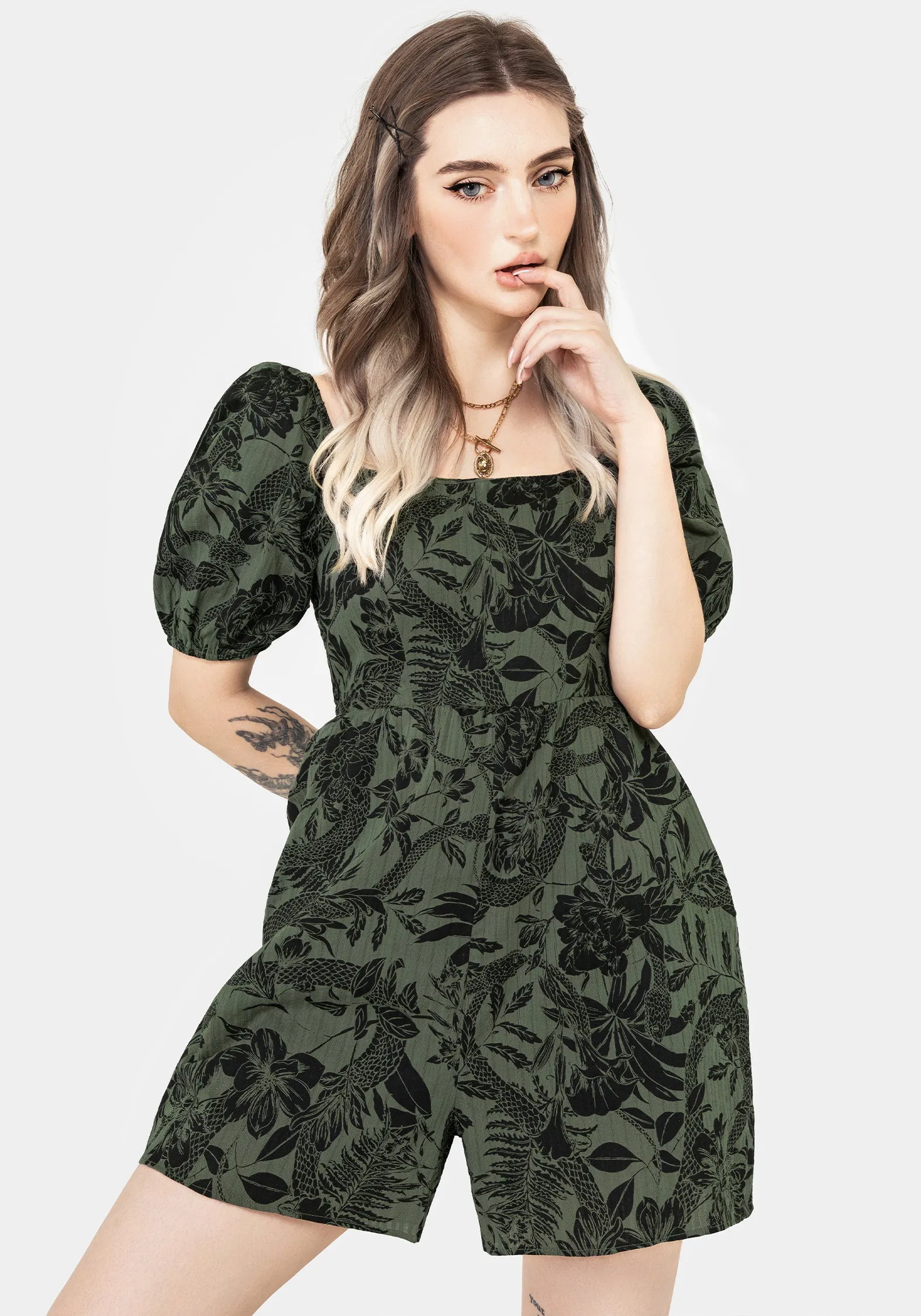 Designer Label Bashe Cotton Puff Sleeve Playsuit - Green