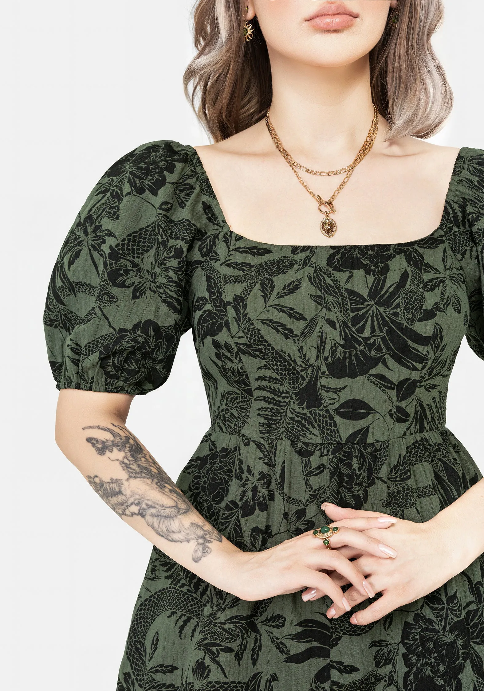 Bashe Cotton Puff Sleeve Playsuit - Green Yoga Weekend