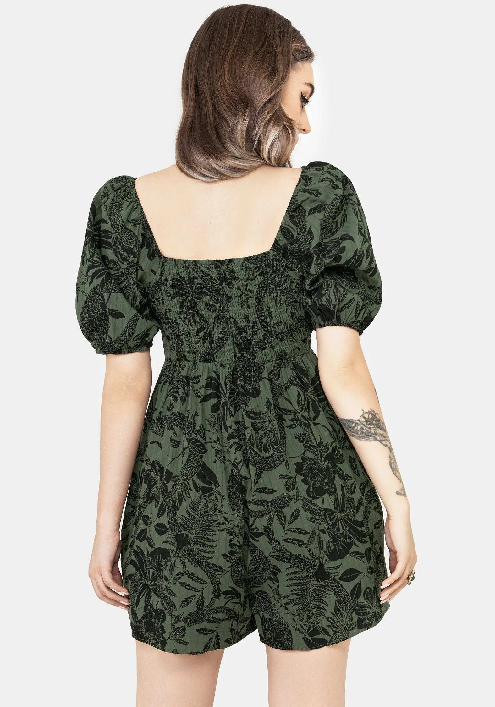 Premium Lightweight Bashe Cotton Puff Sleeve Playsuit - Green