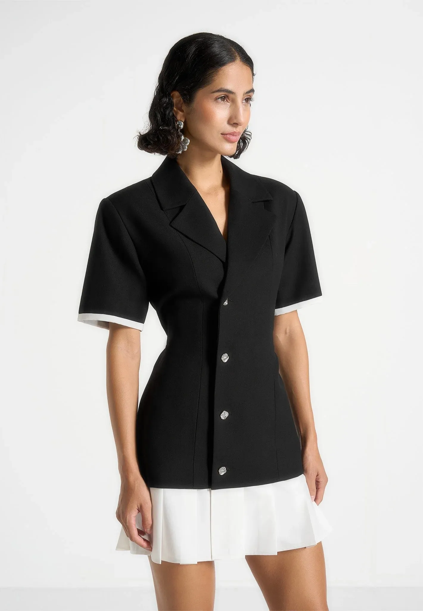 Event Favorite Flexible Layers Baya - Tailored Cinch Waist Pleated Blazer Dress - Black