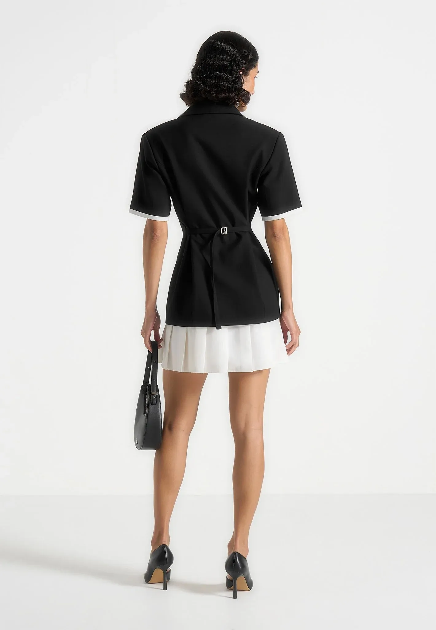 Baya - Tailored Cinch Waist Pleated Blazer Dress - Black Chic Layers Peace View